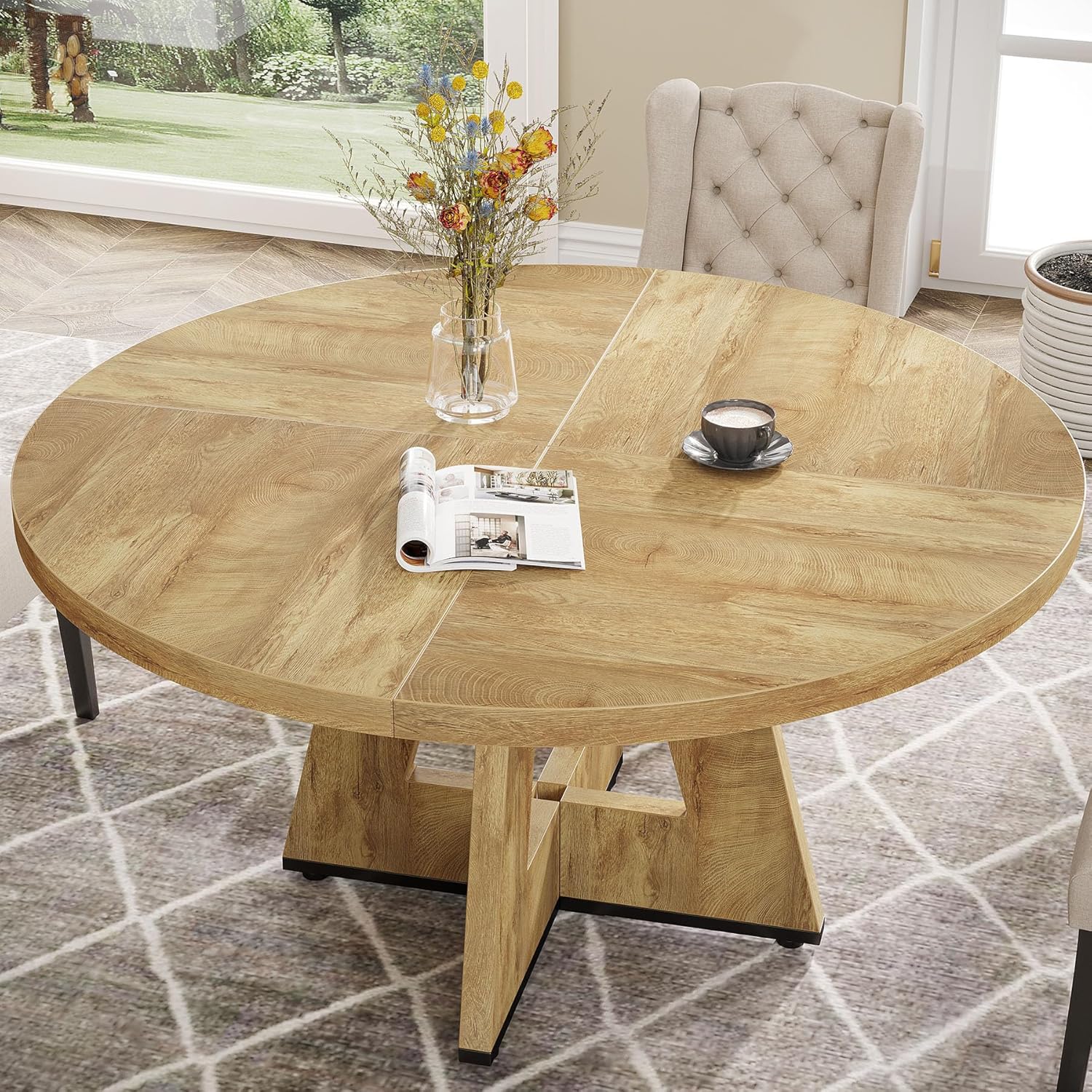 47-Inch Round Dining Table, Farmhouse Wood Kitchen Table for 4-6 with Cross Base - Image 23