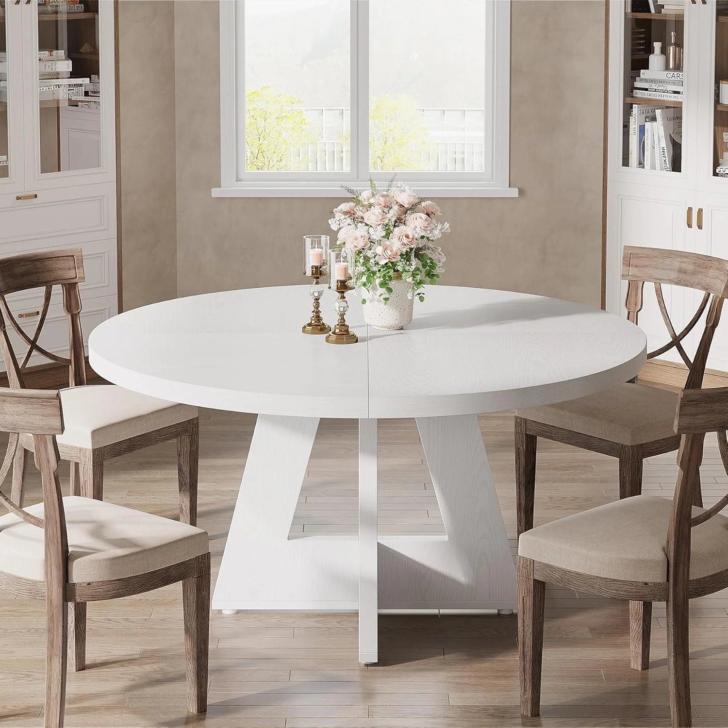 47-Inch Round Dining Table, Farmhouse Wood Kitchen Table for 4-6 with Cross Base - Image 26