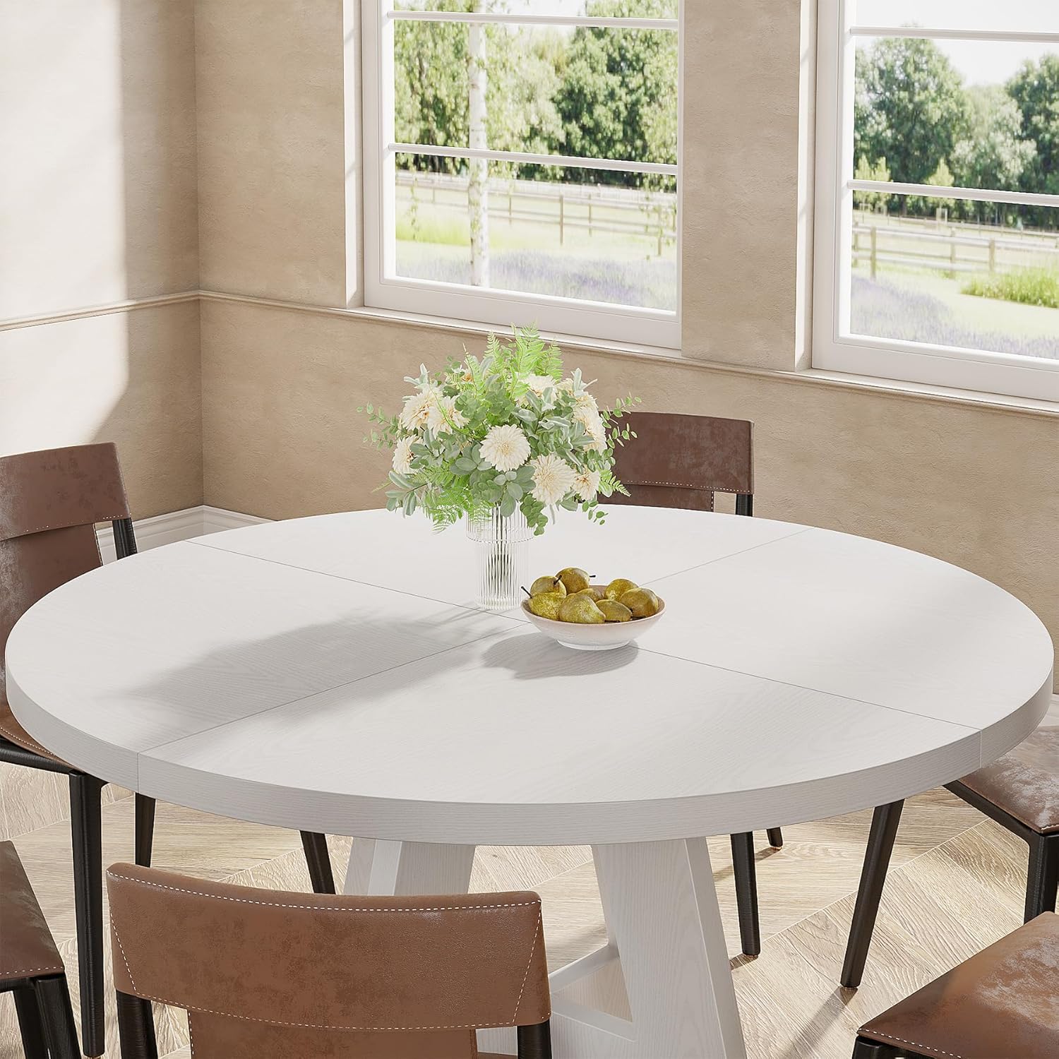 47-Inch Round Dining Table, Farmhouse Wood Kitchen Table for 4-6 with Cross Base - Image 28