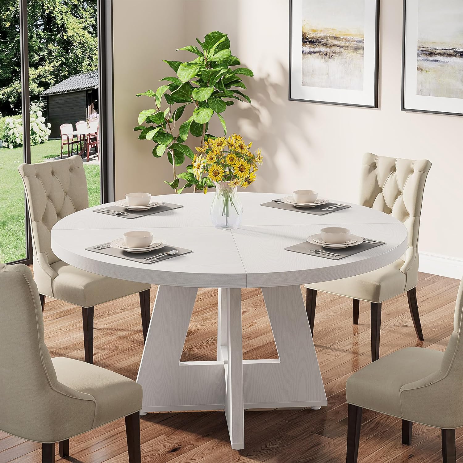 47-Inch Round Dining Table, Farmhouse Wood Kitchen Table for 4-6 with Cross Base - Image 29