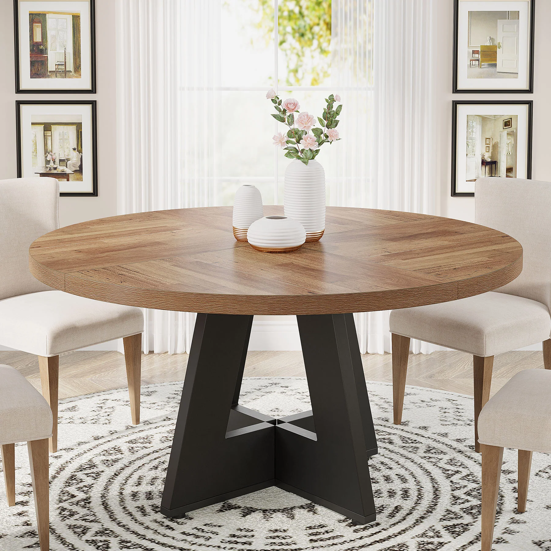 47-Inch Round Dining Table, Farmhouse Wood Kitchen Table for 4-6 with Cross Base - Image 33