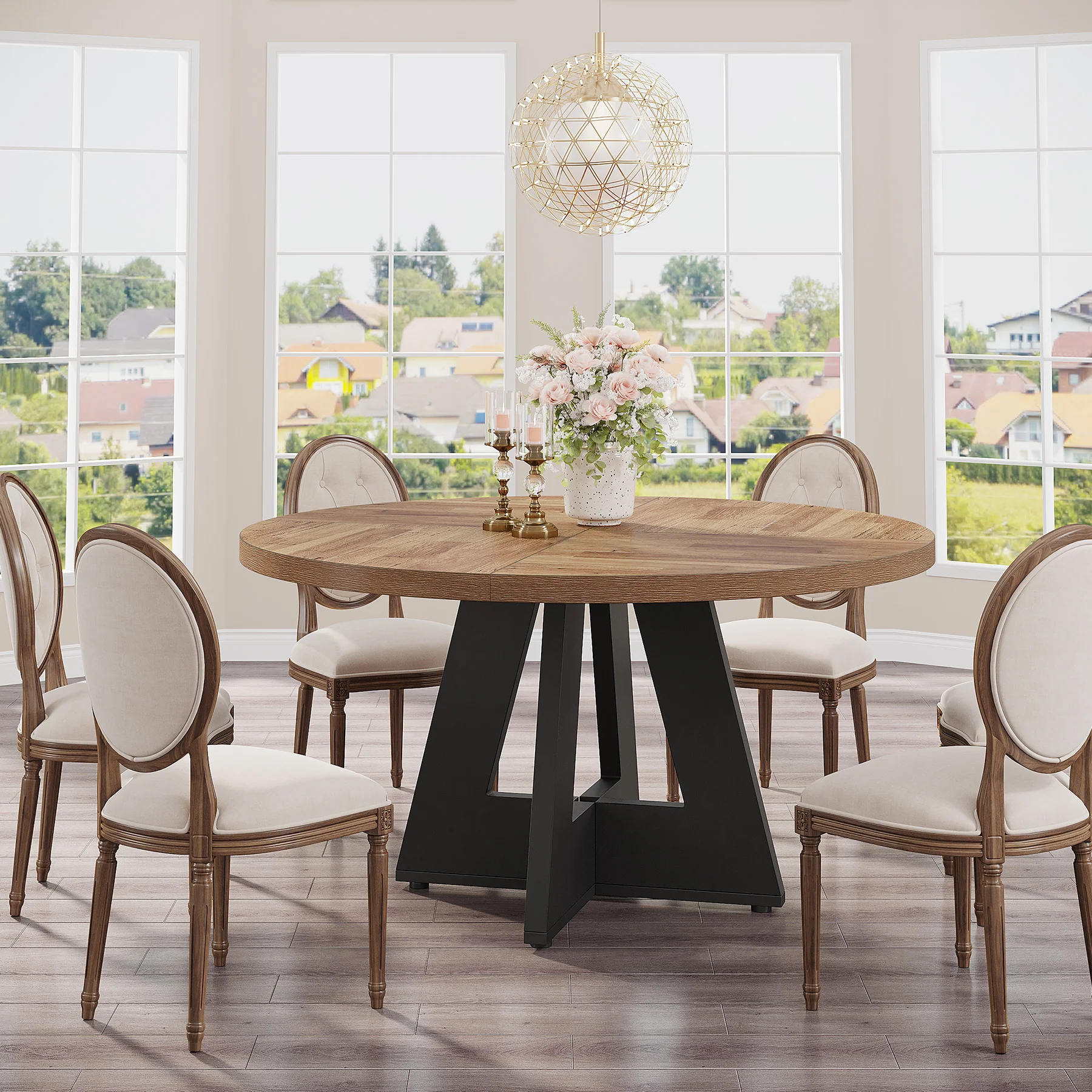 47-Inch Round Dining Table, Farmhouse Wood Kitchen Table for 4-6 with Cross Base - Image 36