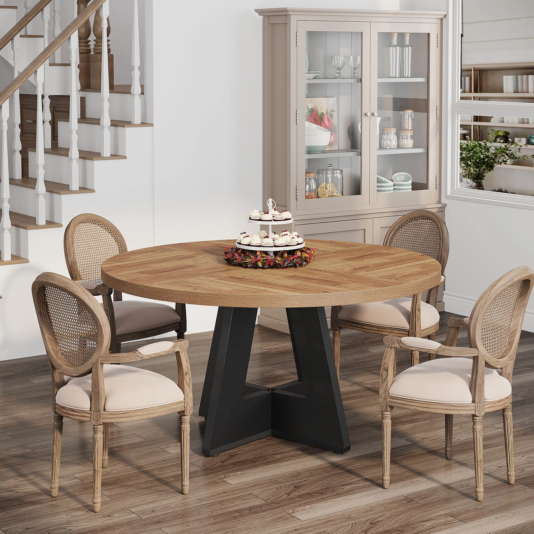 47-Inch Round Dining Table, Farmhouse Wood Kitchen Table for 4-6 with Cross Base - Image 37