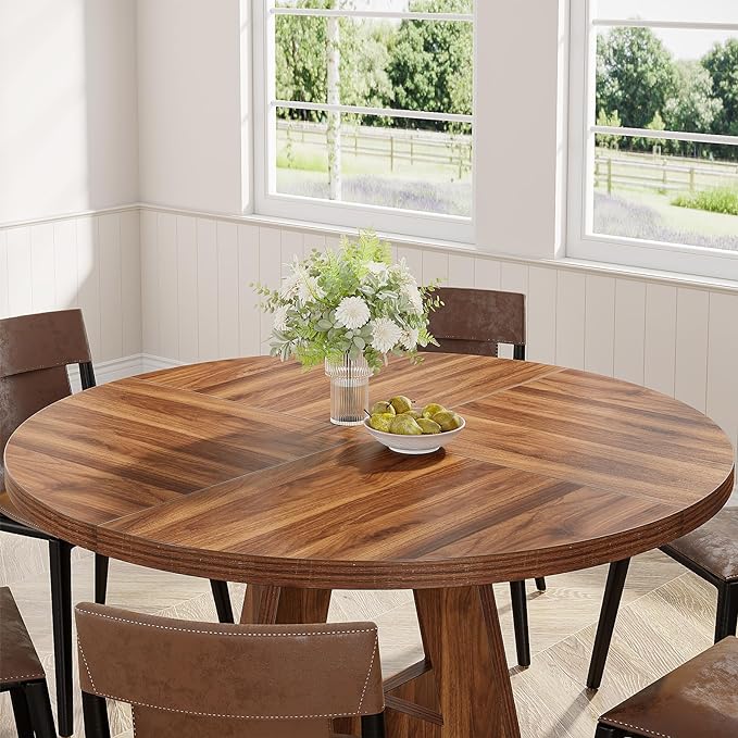 47-Inch Round Dining Table, Farmhouse Wood Kitchen Table for 4-6 with Cross Base - Image 4