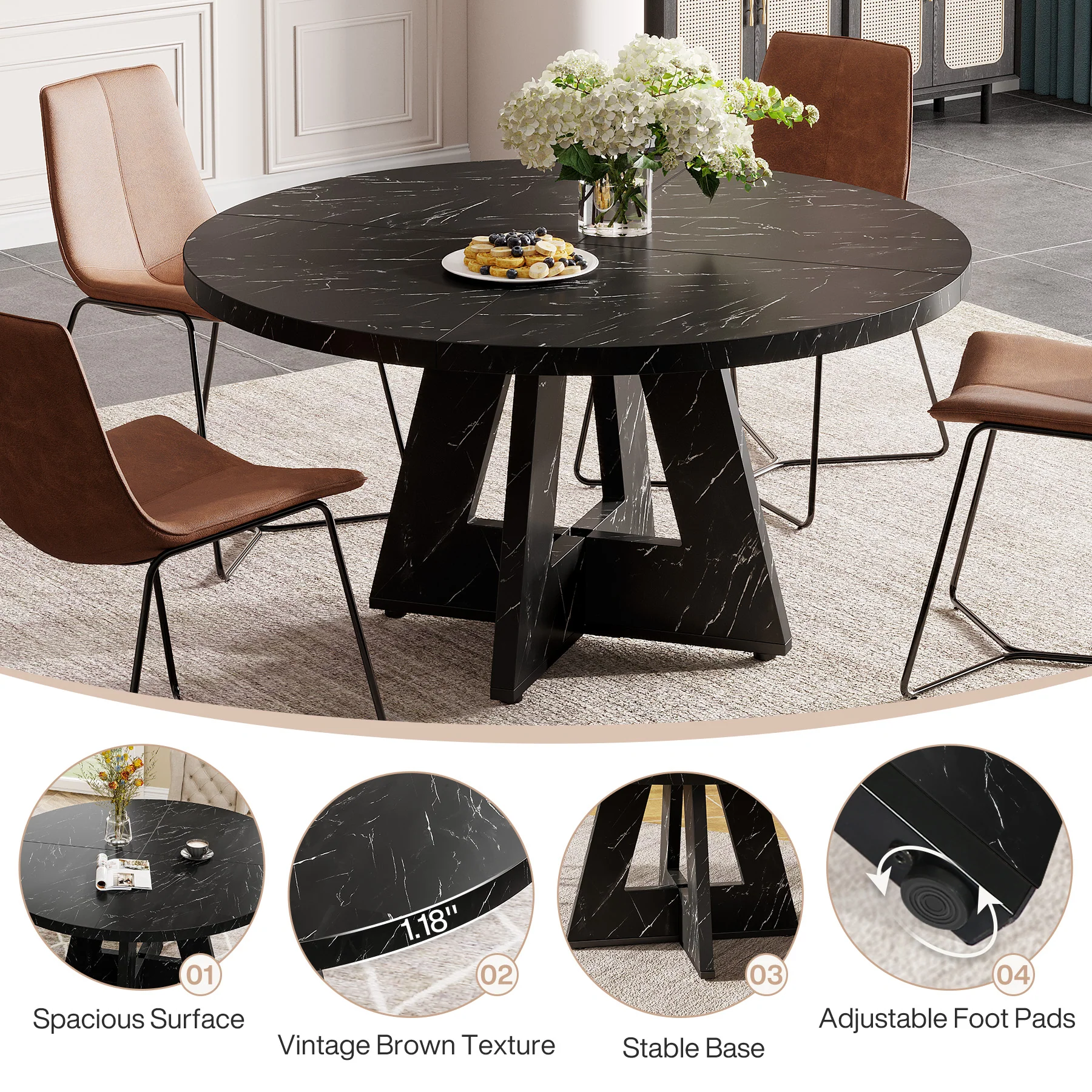 47-Inch Round Dining Table, Farmhouse Wood Kitchen Table for 4-6 with Cross Base - Image 41