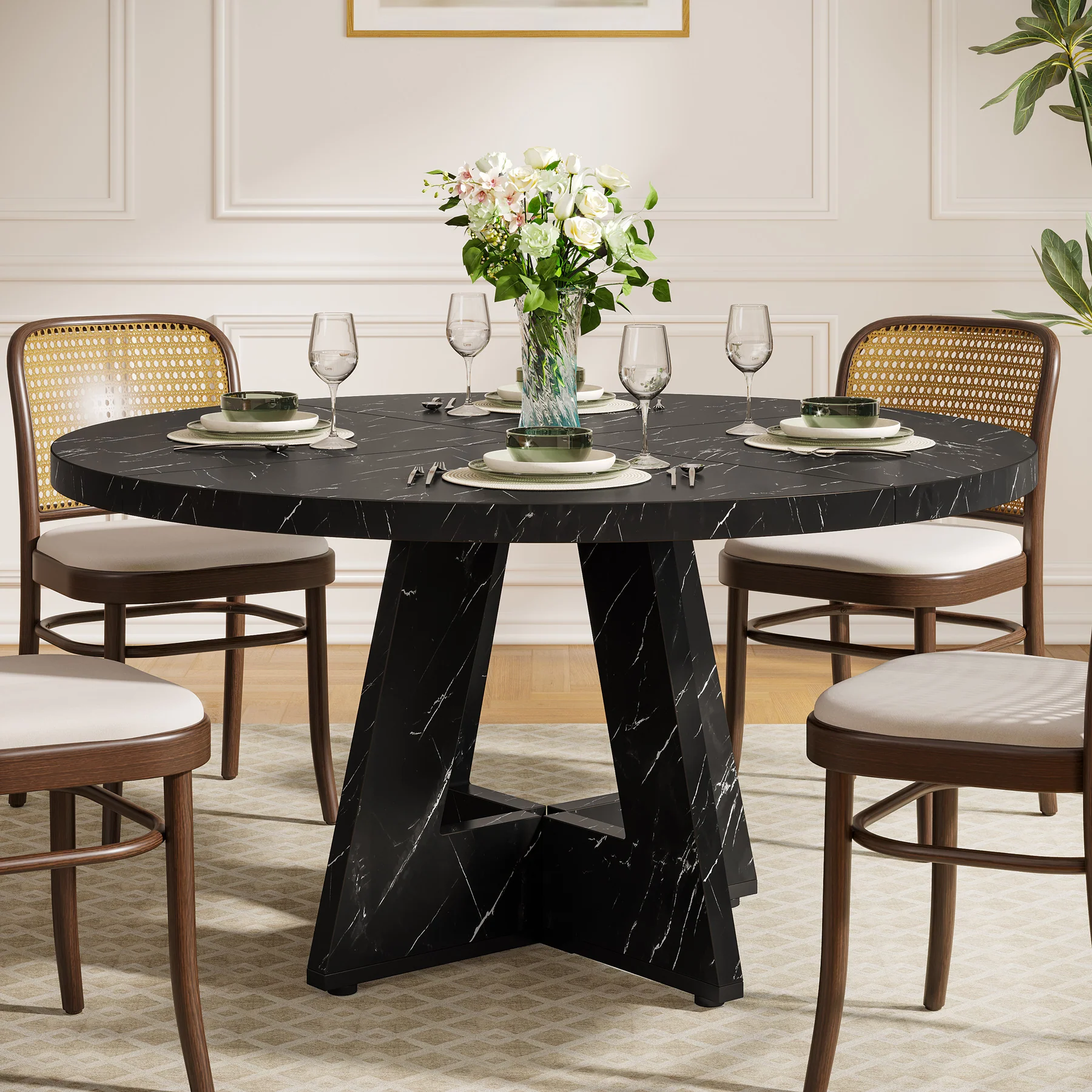 47-Inch Round Dining Table, Farmhouse Wood Kitchen Table for 4-6 with Cross Base - Image 42