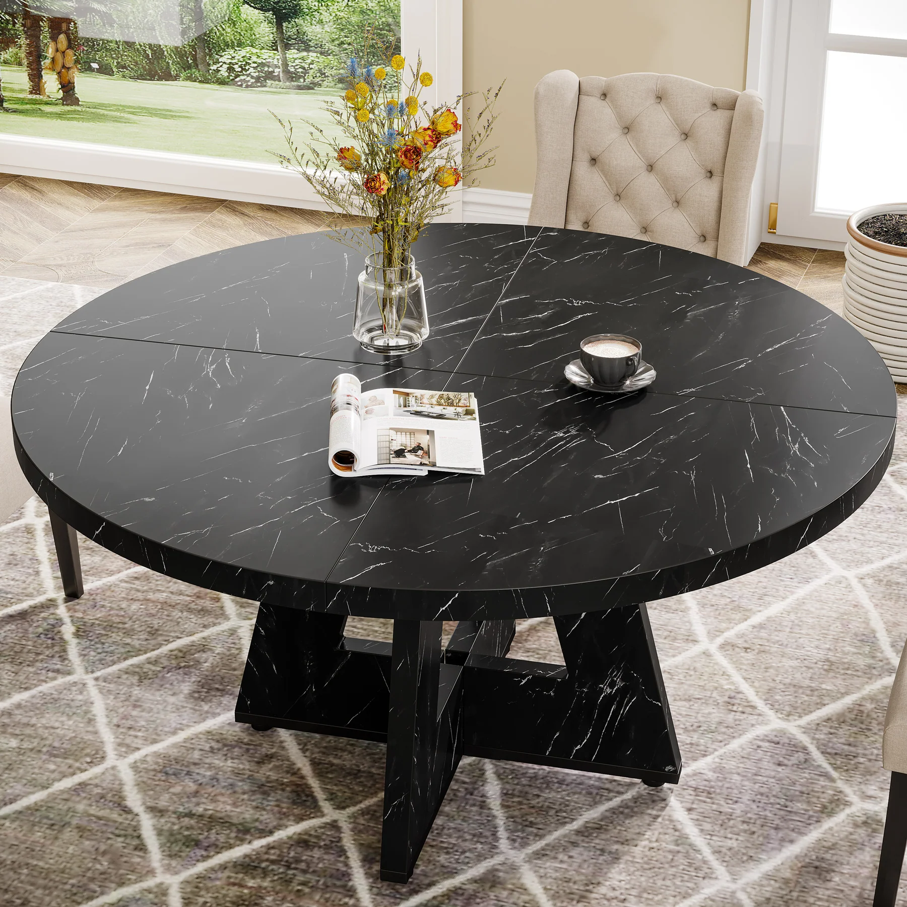 47-Inch Round Dining Table, Farmhouse Wood Kitchen Table for 4-6 with Cross Base - Image 45