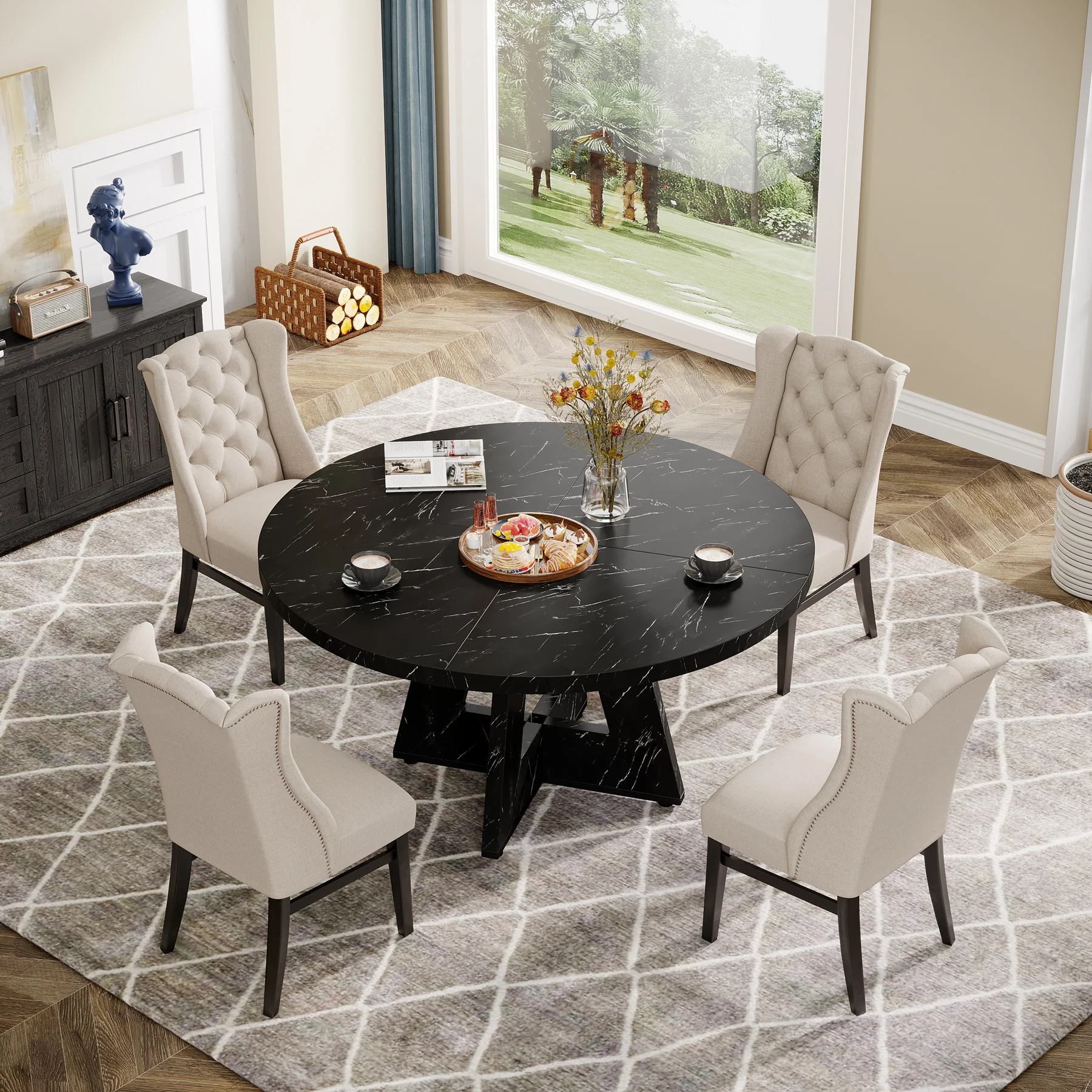 47-Inch Round Dining Table, Farmhouse Wood Kitchen Table for 4-6 with Cross Base - Image 46