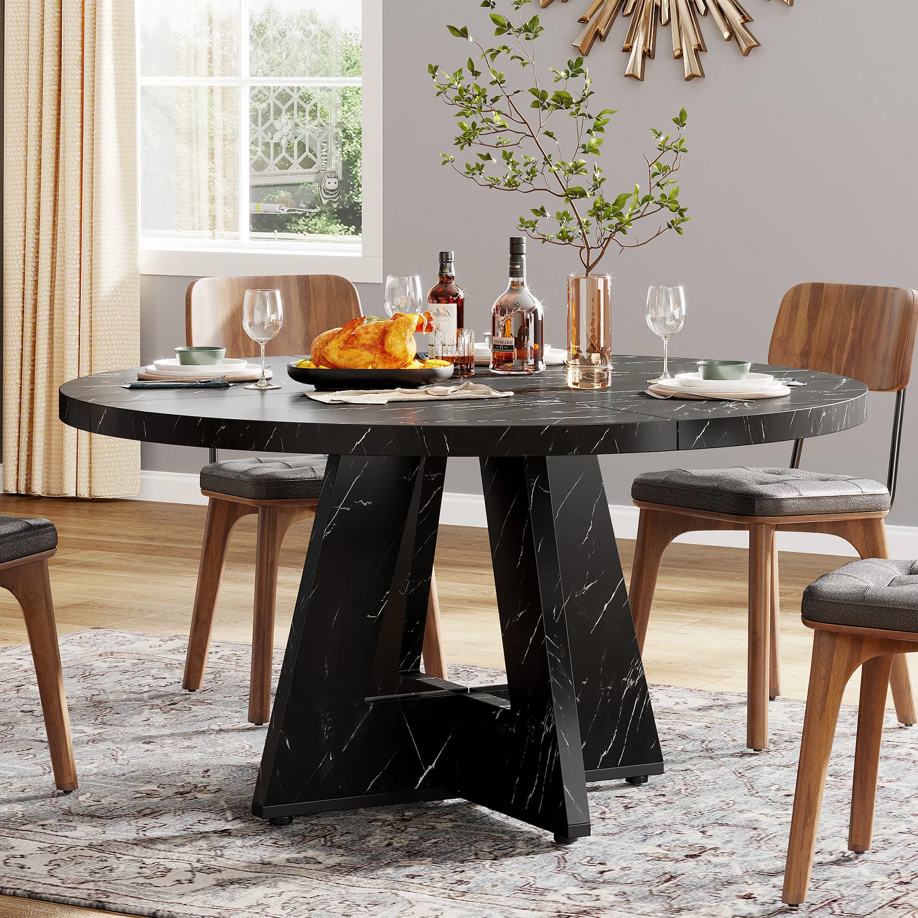 47-Inch Round Dining Table, Farmhouse Wood Kitchen Table for 4-6 with Cross Base - Image 47