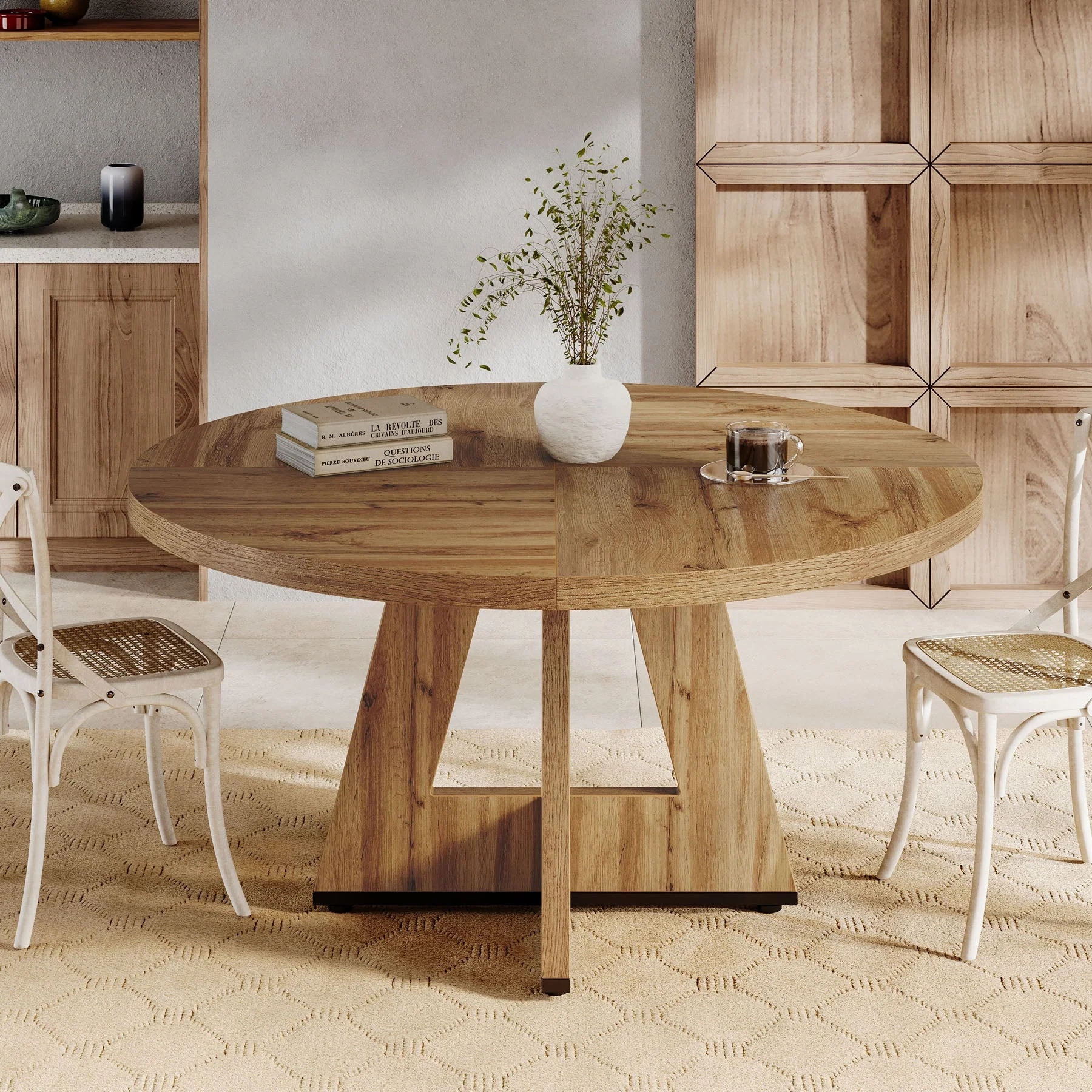 47-Inch Round Dining Table, Farmhouse Wood Kitchen Table for 4-6 with Cross Base - Image 5