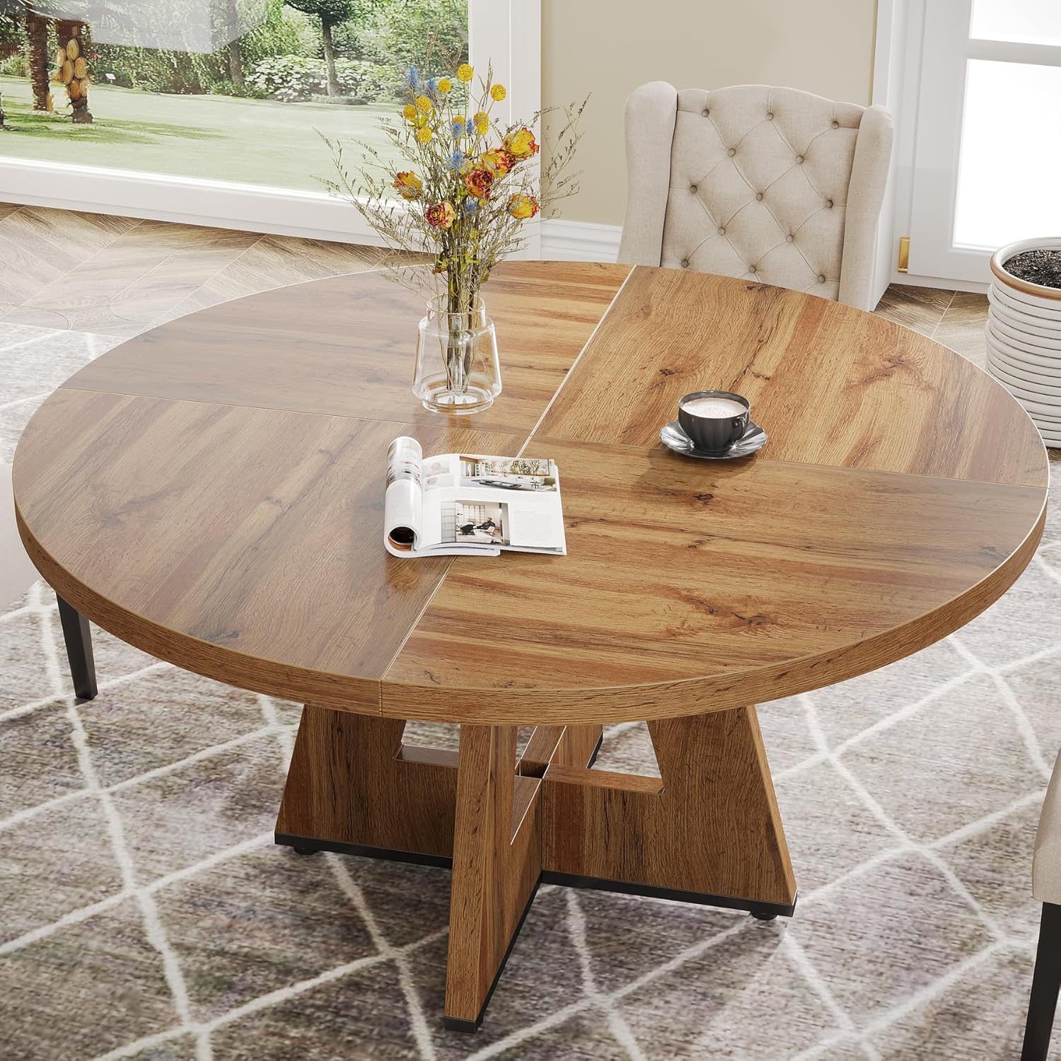 47-Inch Round Dining Table, Farmhouse Wood Kitchen Table for 4-6 with Cross Base - Image 7