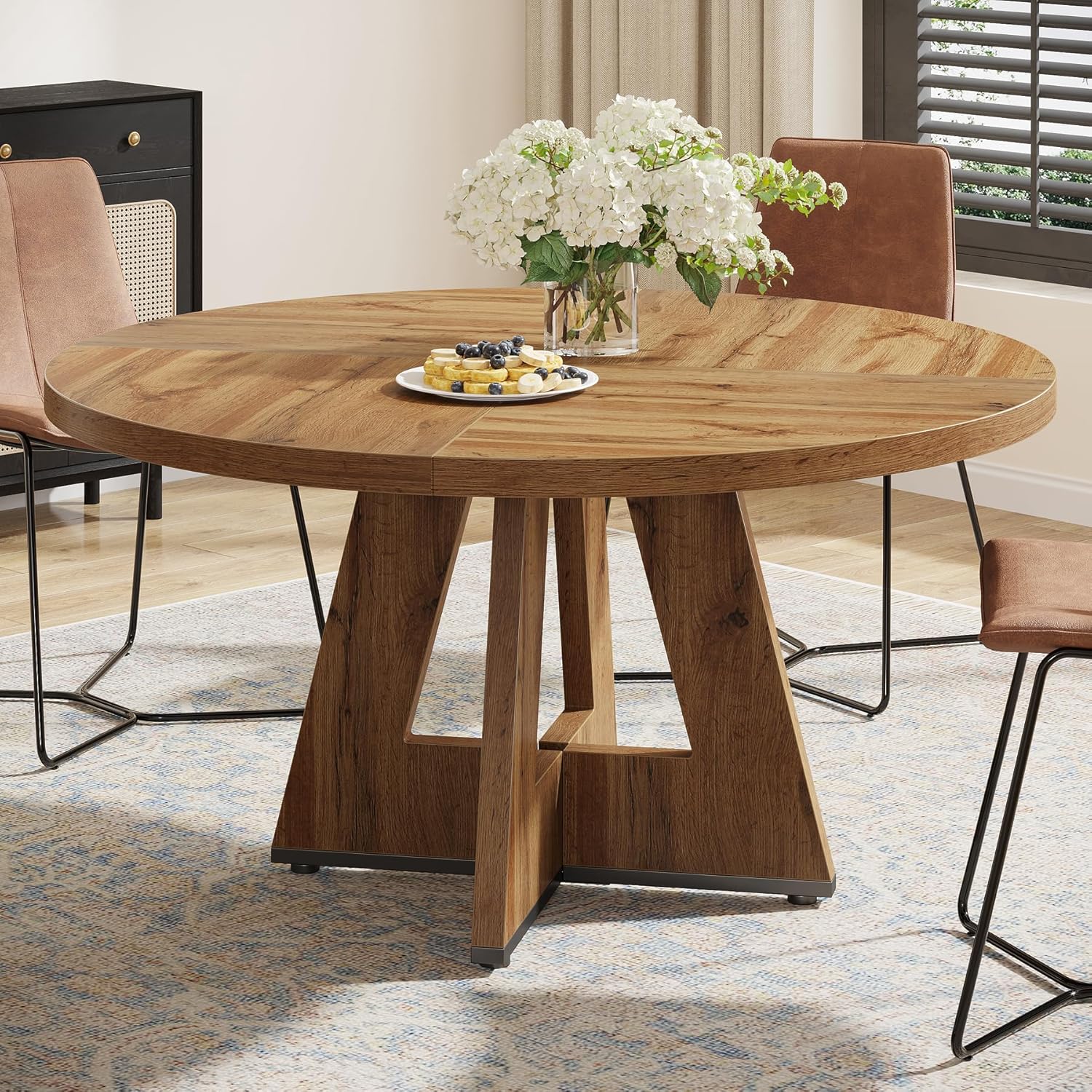47-Inch Round Dining Table, Farmhouse Wood Kitchen Table for 4-6 with Cross Base - Image 8