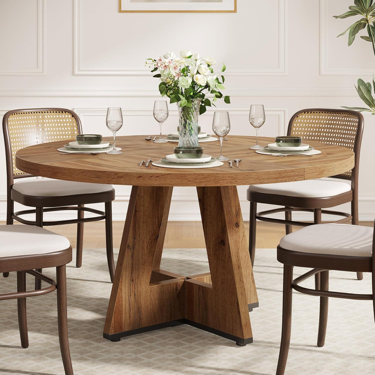 47-Inch Round Dining Table, Farmhouse Wood Kitchen Table for 4-6 with Cross Base - Image 9