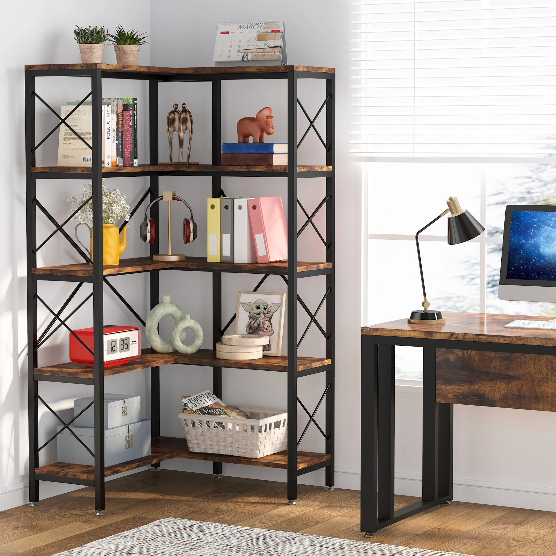 5-Tier Corner Bookshelf, 65.7-Inch Tall Etagere Bookcase Display Rack - Image 3