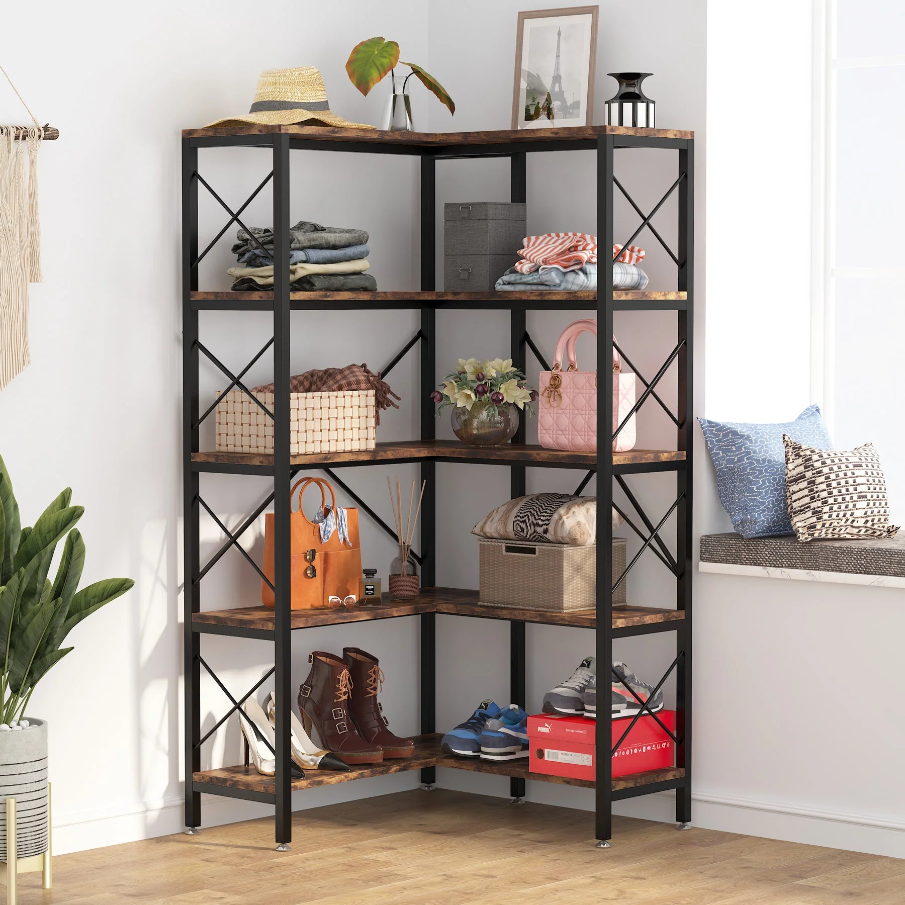 5-Tier Corner Bookshelf, 65.7-Inch Tall Etagere Bookcase Display Rack - Image 4