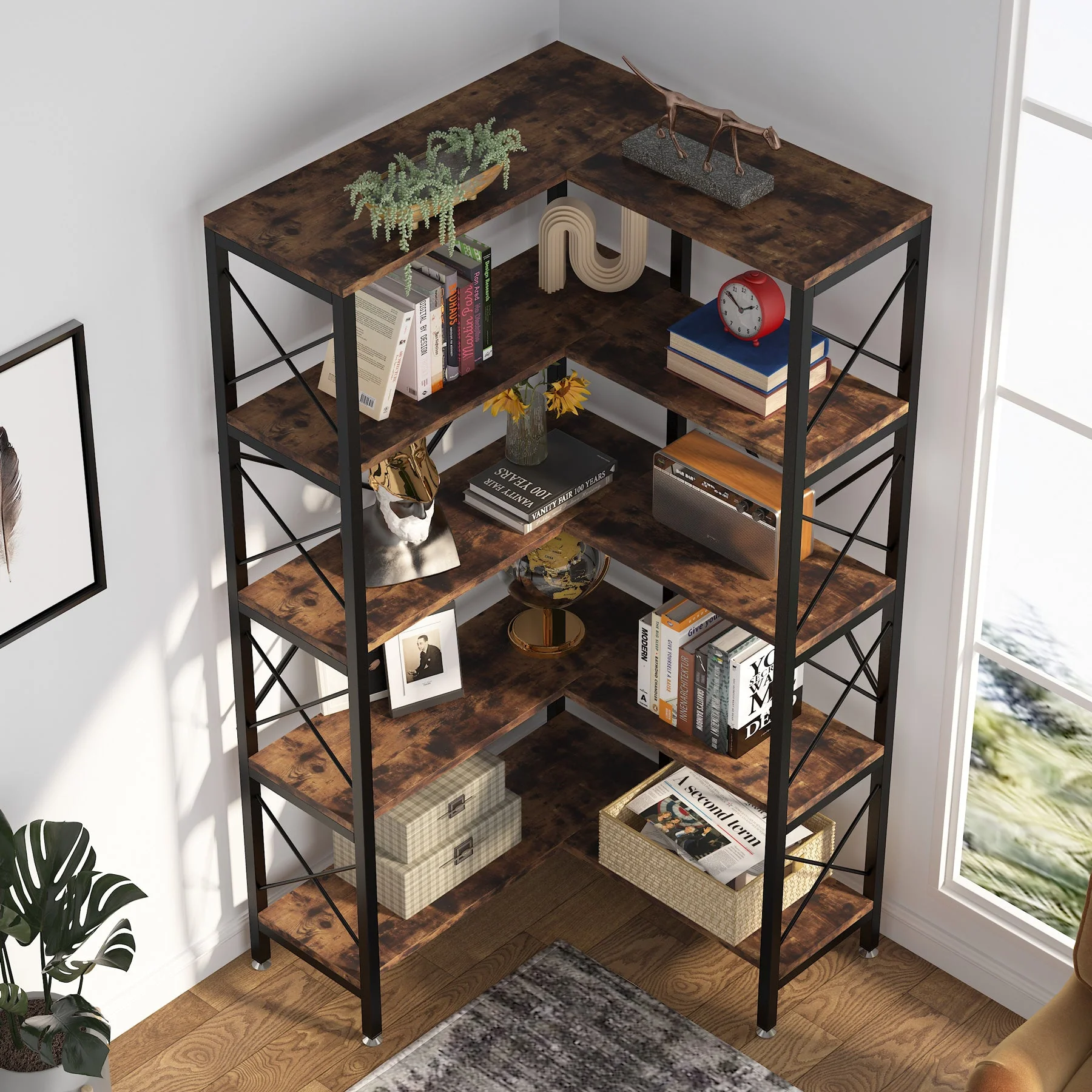 5-Tier Corner Bookshelf, 65.7-Inch Tall Etagere Bookcase Display Rack - Image 5