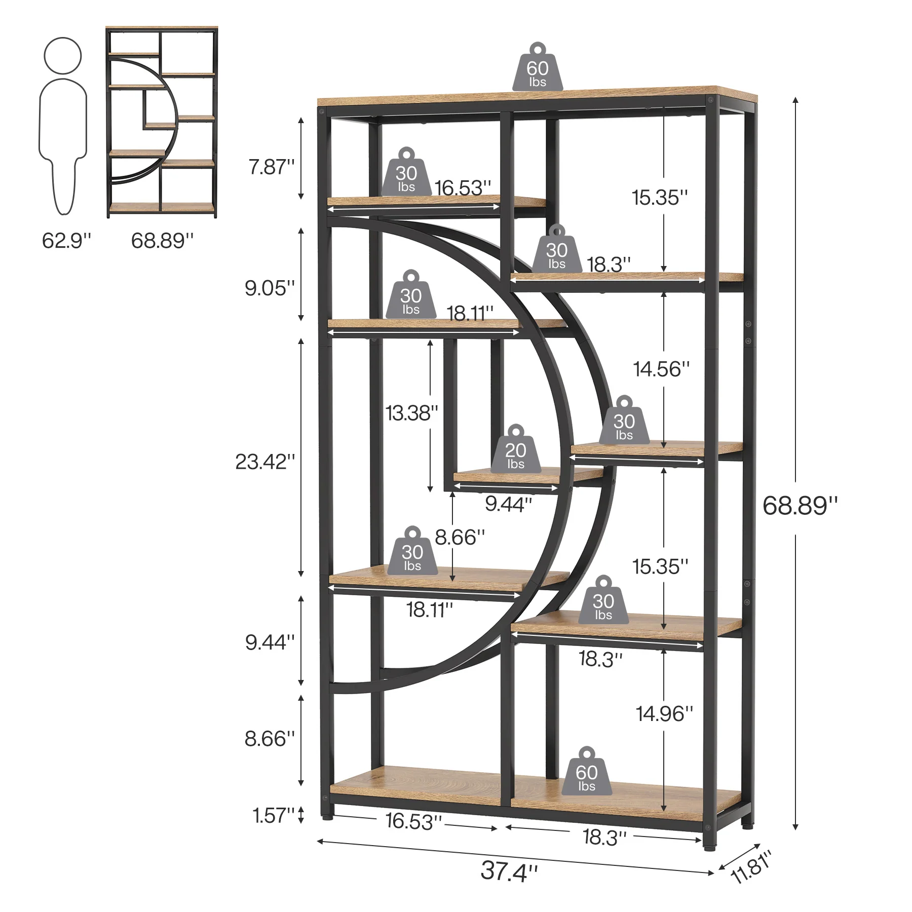 37.4 Inch 5-Tier Industrial Bookshelf for Living Room, Bedroom, Home Office - Image 19