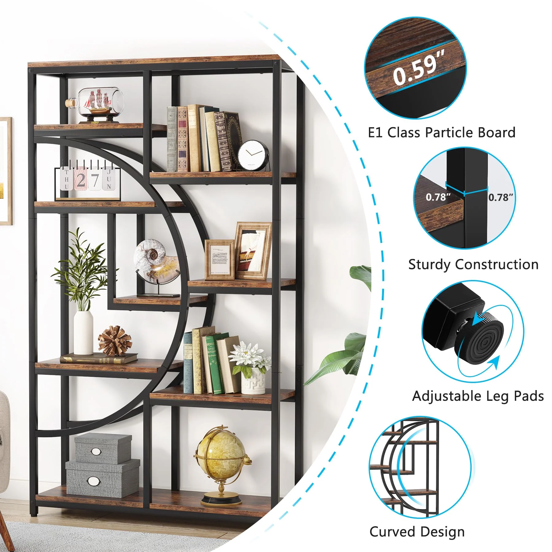 37.4 Inch 5-Tier Industrial Bookshelf for Living Room, Bedroom, Home Office - Image 3
