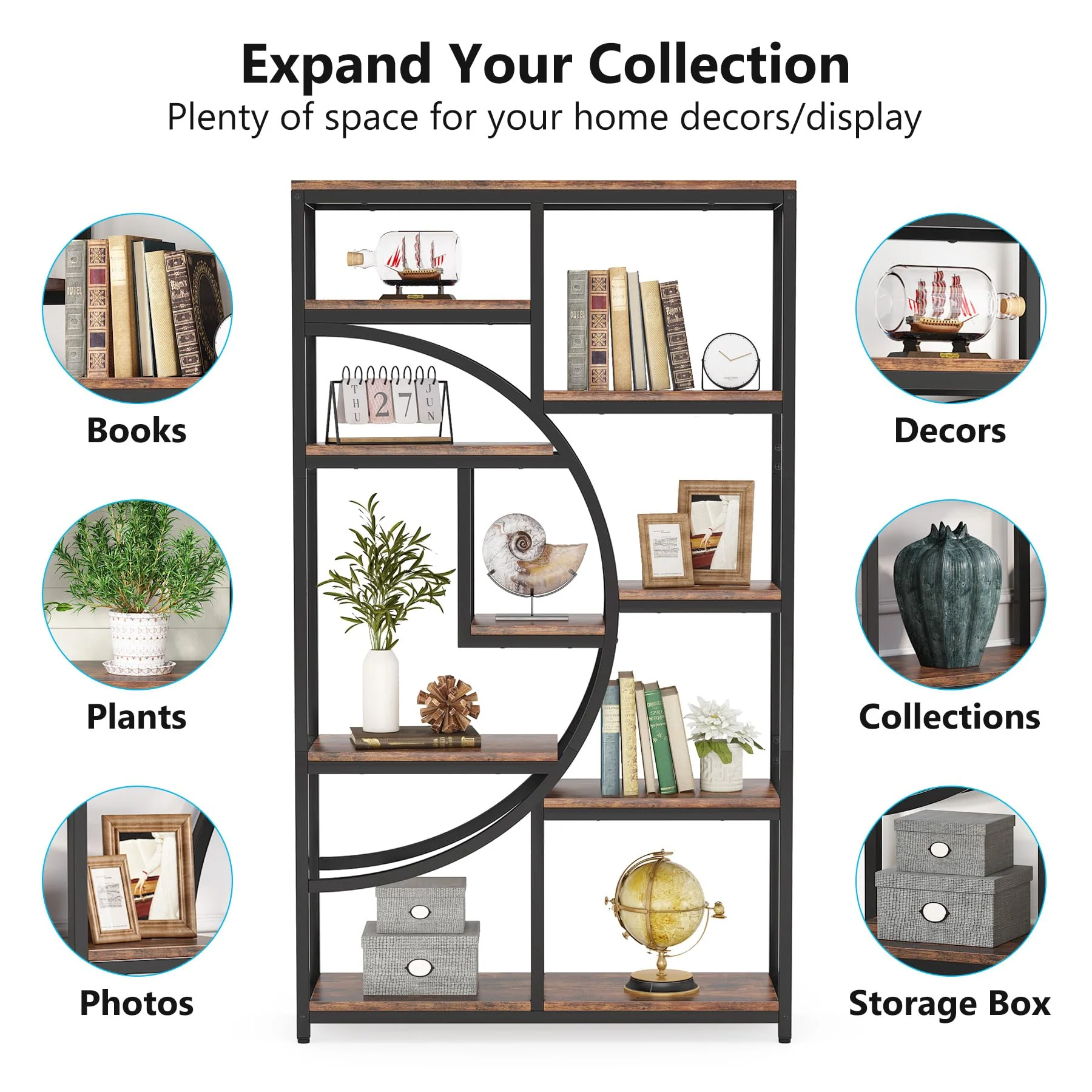 37.4 Inch 5-Tier Industrial Bookshelf for Living Room, Bedroom, Home Office - Image 4