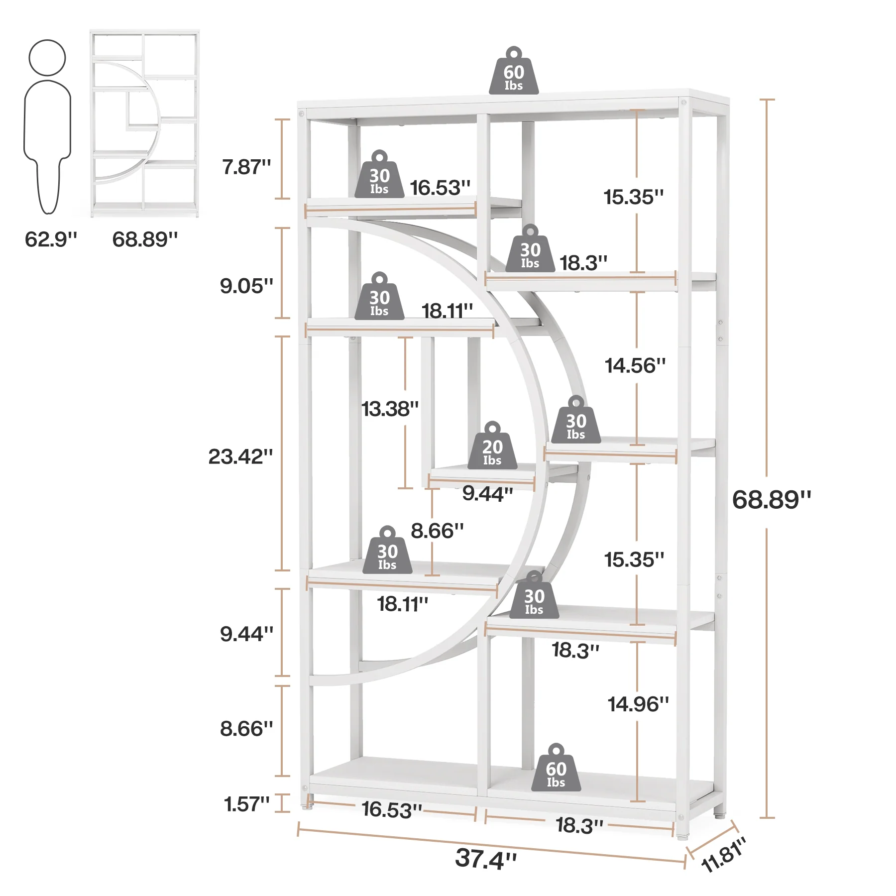 37.4 Inch 5-Tier Industrial Bookshelf for Living Room, Bedroom, Home Office - Image 8