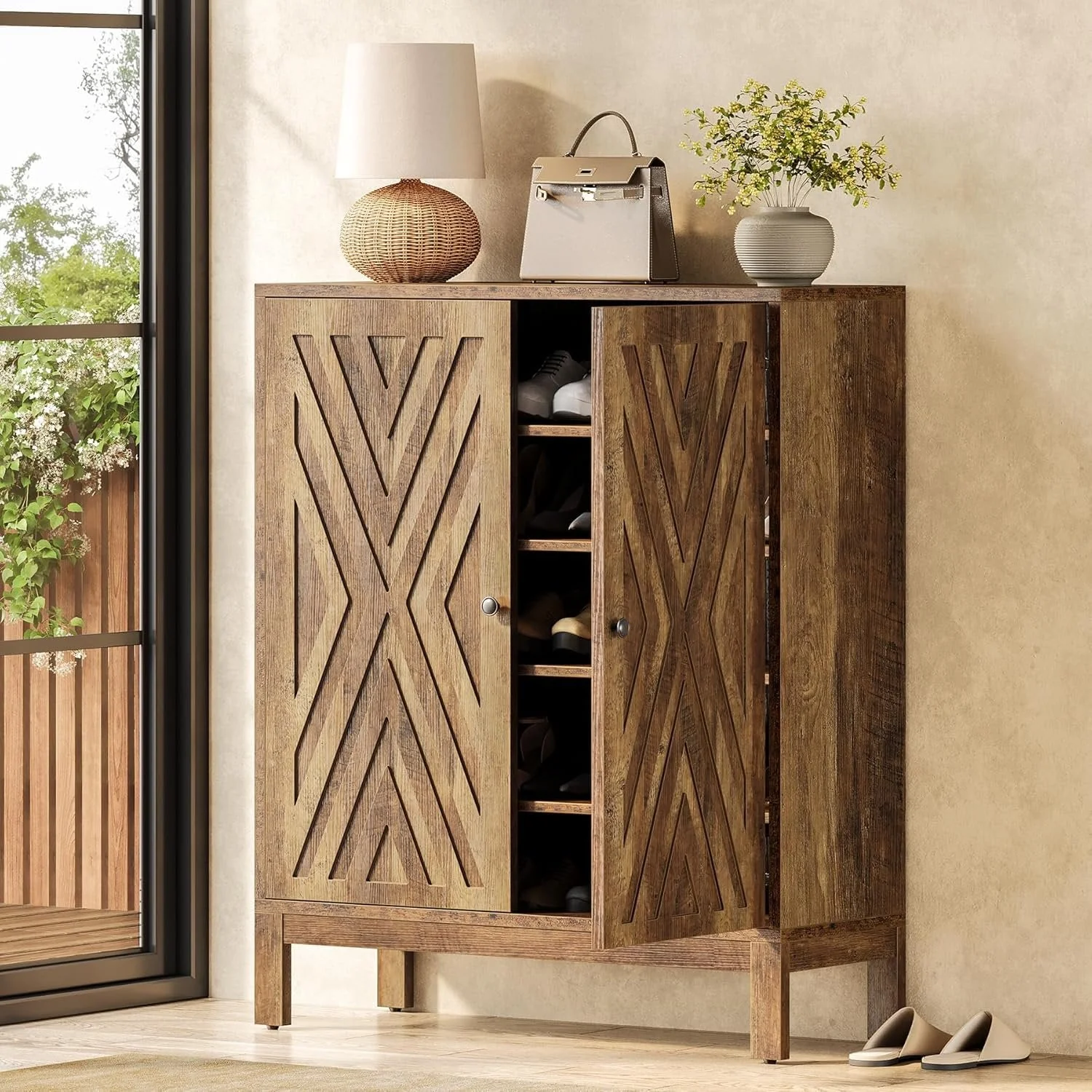 5-Tier Shoe Cabinet for Entryway, Brown Wooden Organizer with Adjustable Shelves