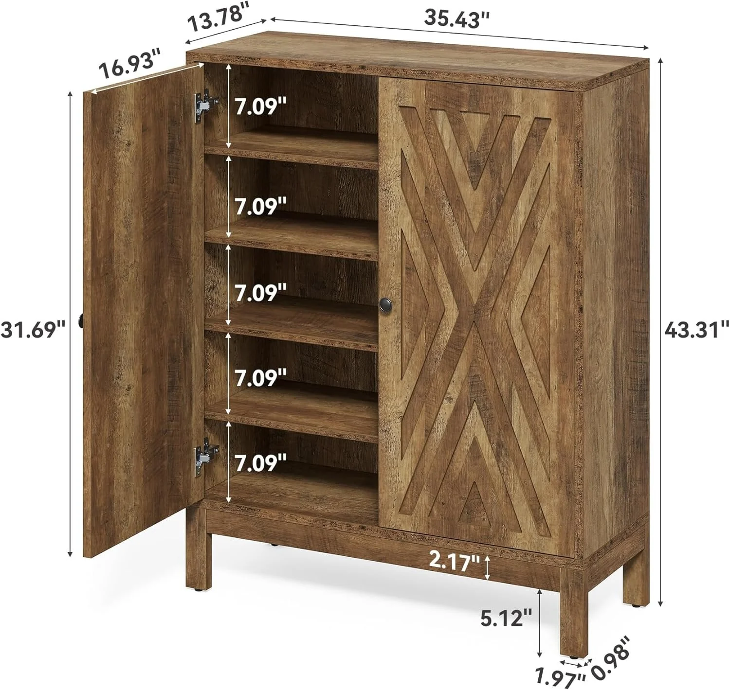 5-Tier Shoe Cabinet for Entryway, Brown Wooden Organizer with Adjustable Shelves - Image 2