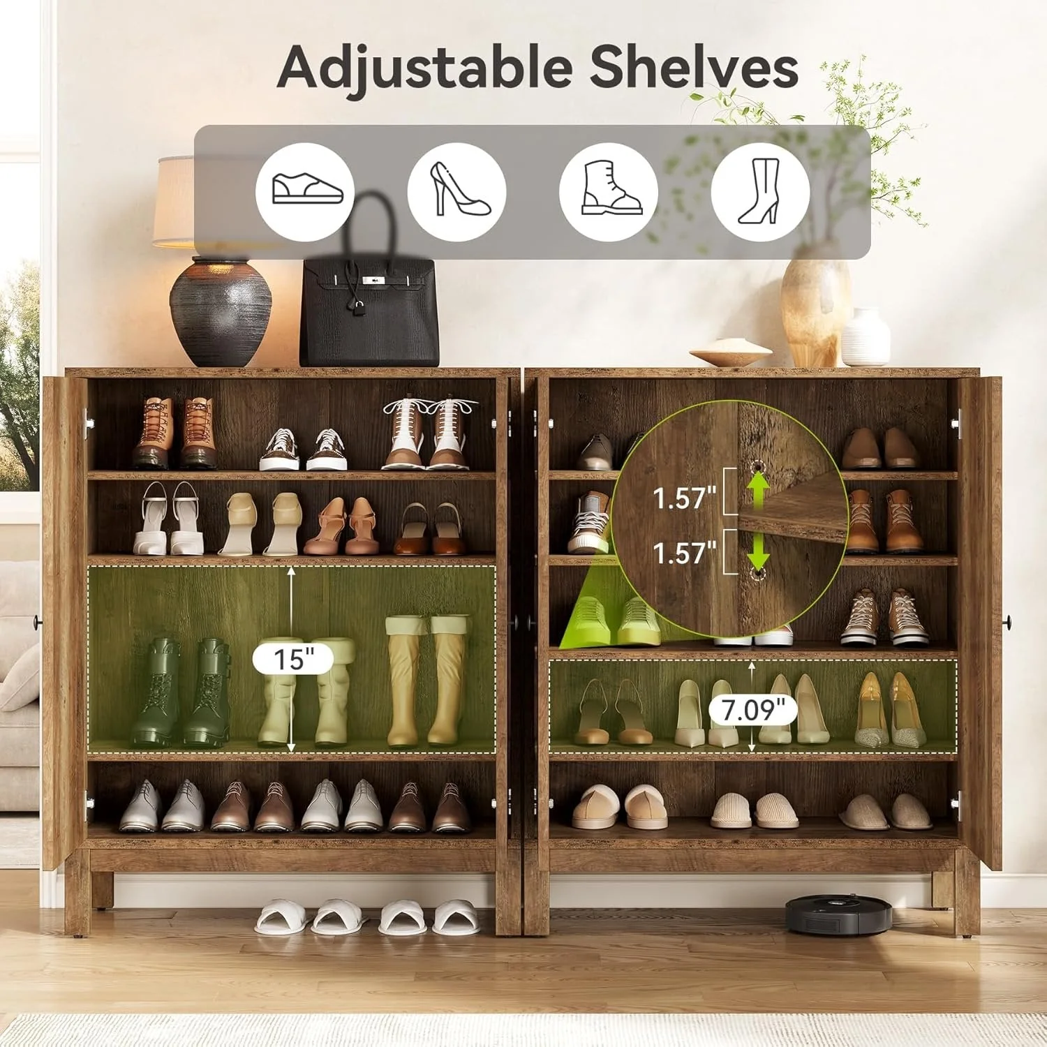 5-Tier Shoe Cabinet for Entryway, Brown Wooden Organizer with Adjustable Shelves - Image 4