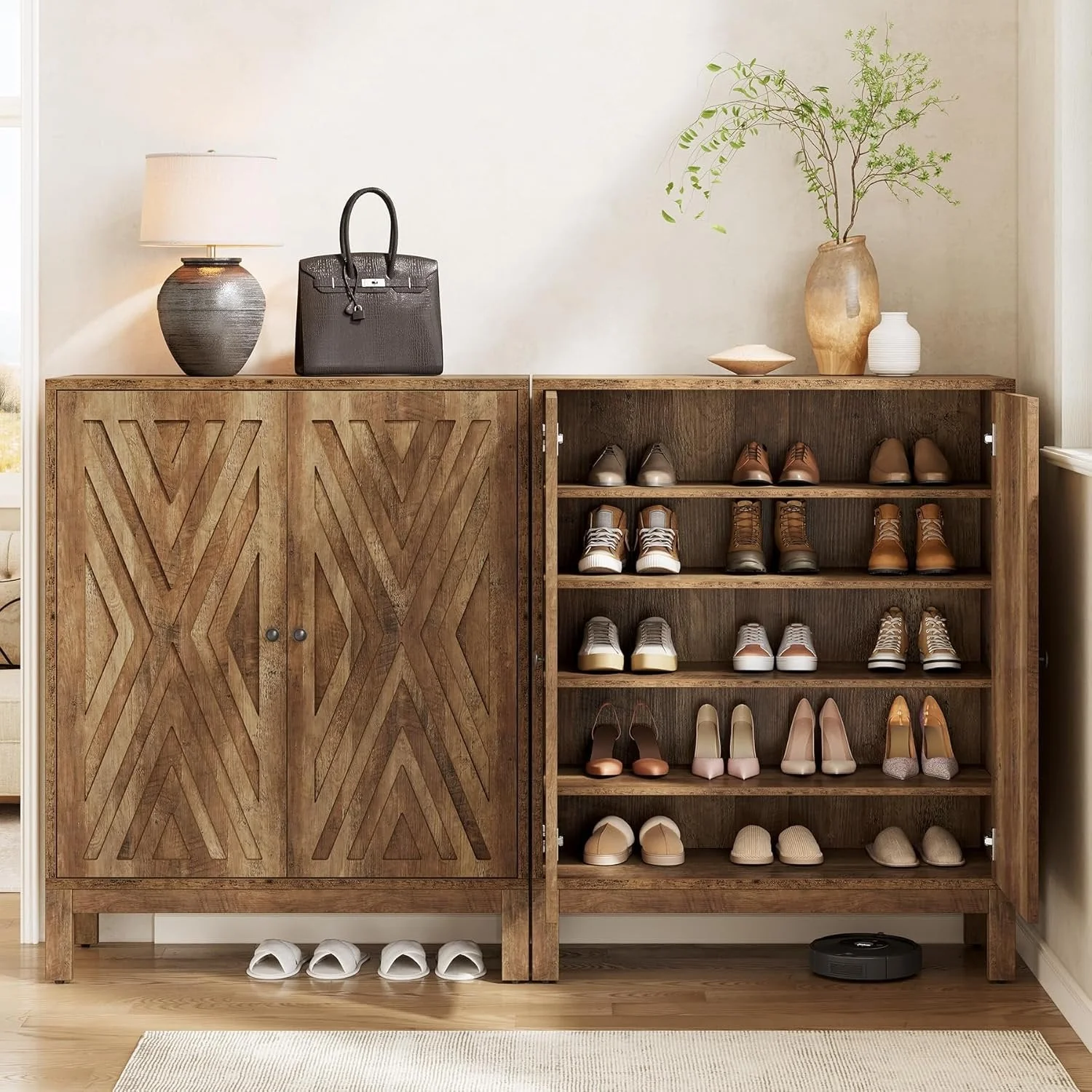 5-Tier Shoe Cabinet for Entryway, Brown Wooden Organizer with Adjustable Shelves - Image 7