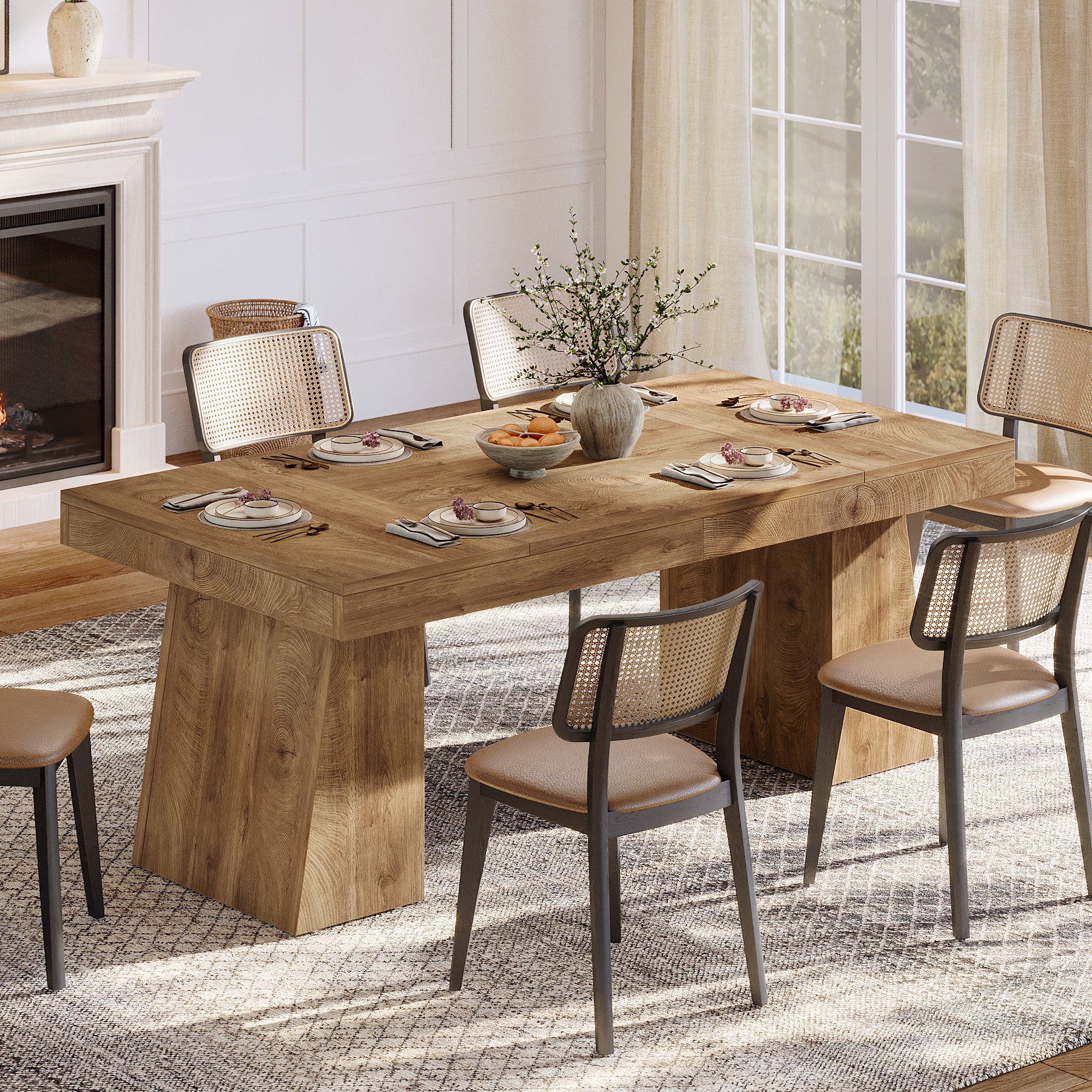 Tribesigns 55-Inch Dining Table for 4-6 People, Rectangular Farmhouse Kitchen Table with Double Pedestal Base - Image 3
