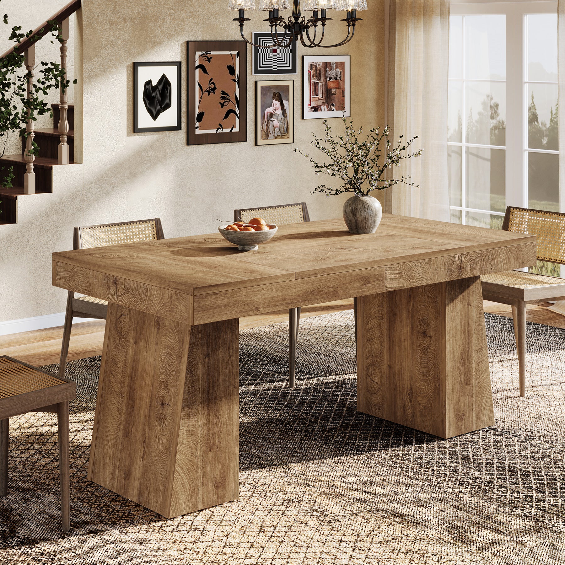 Tribesigns 55-Inch Dining Table for 4-6 People, Rectangular Farmhouse Kitchen Table with Double Pedestal Base - Image 4