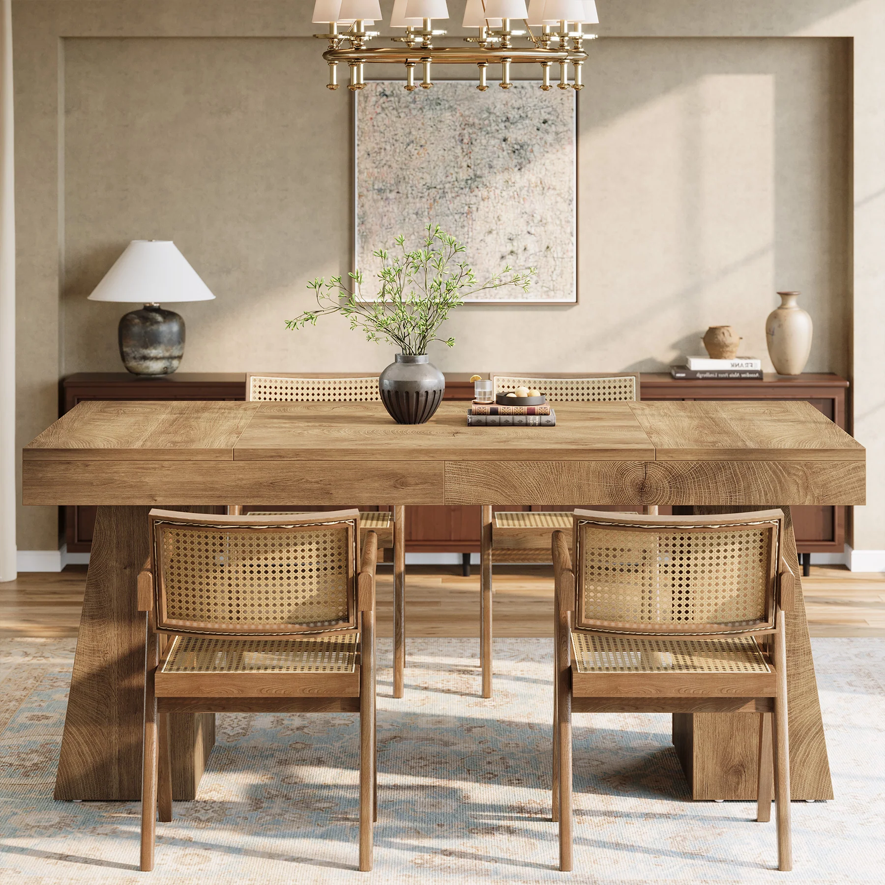 Tribesigns 55-Inch Dining Table for 4-6 People, Rectangular Farmhouse Kitchen Table with Double Pedestal Base - Image 5