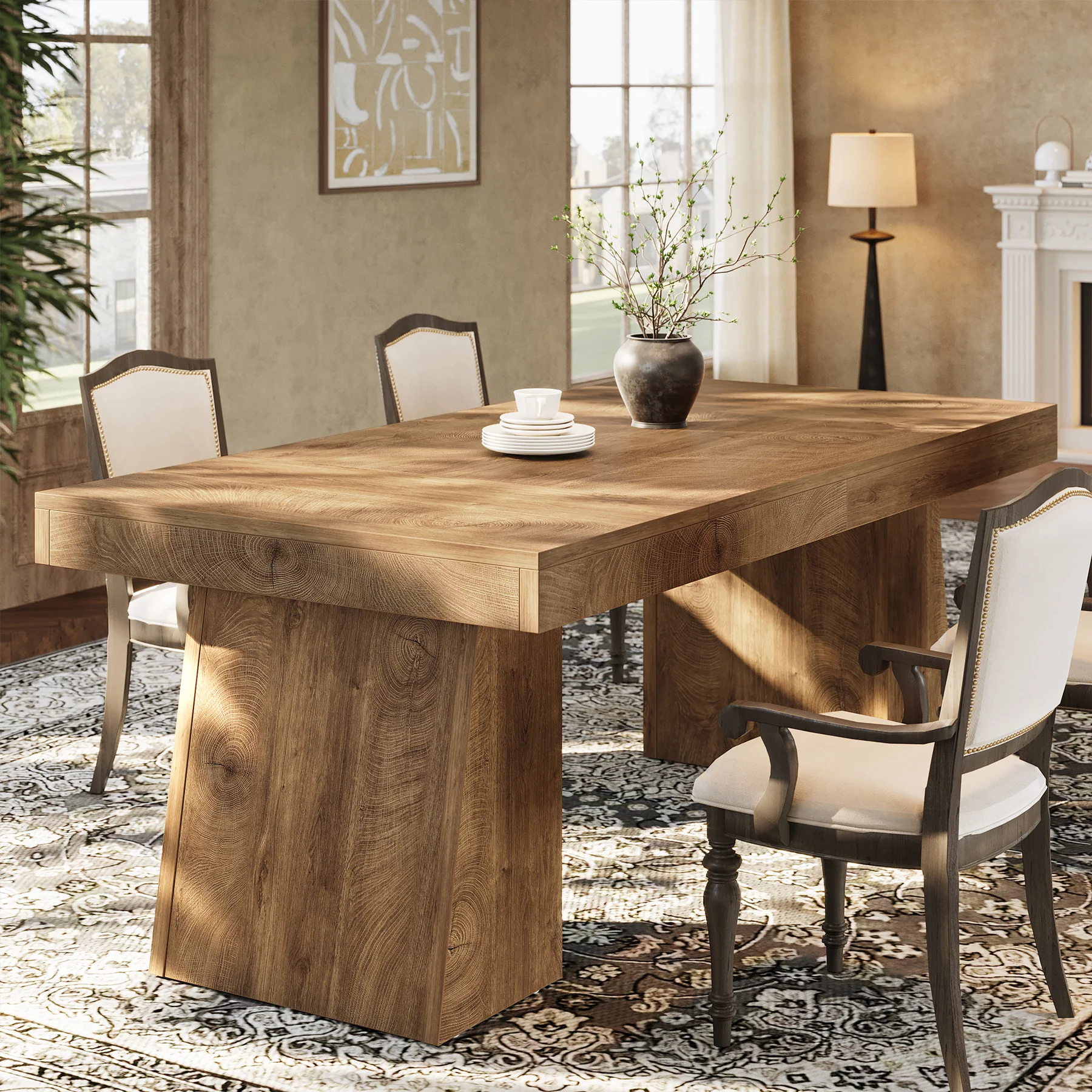 Tribesigns 55-Inch Dining Table for 4-6 People, Rectangular Farmhouse Kitchen Table with Double Pedestal Base - Image 7