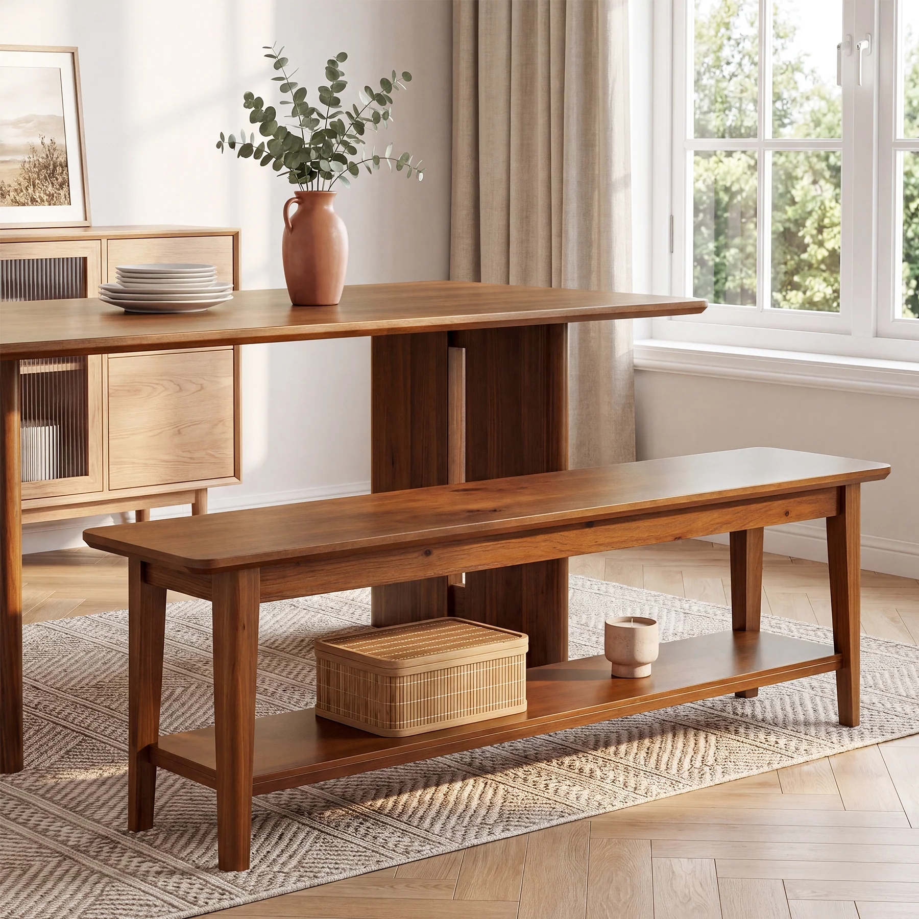 Tribesigns 55-Inch Farmhouse Bench with Storage Shelf, Wooden Dining Seating for Kitchen Dining Room and Patio