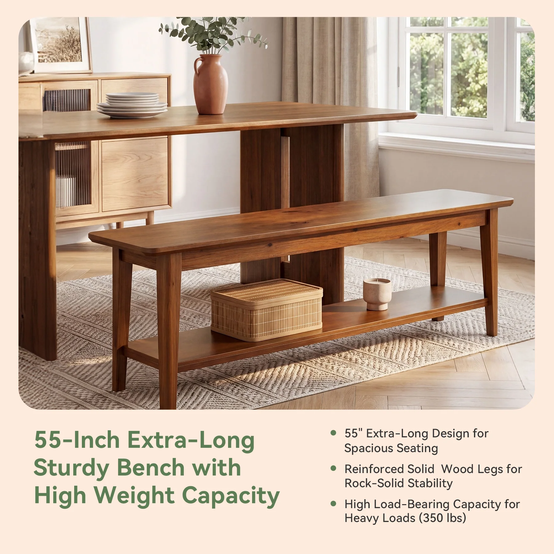 Tribesigns 55-Inch Farmhouse Bench with Storage Shelf, Wooden Dining Seating for Kitchen Dining Room and Patio - Image 4