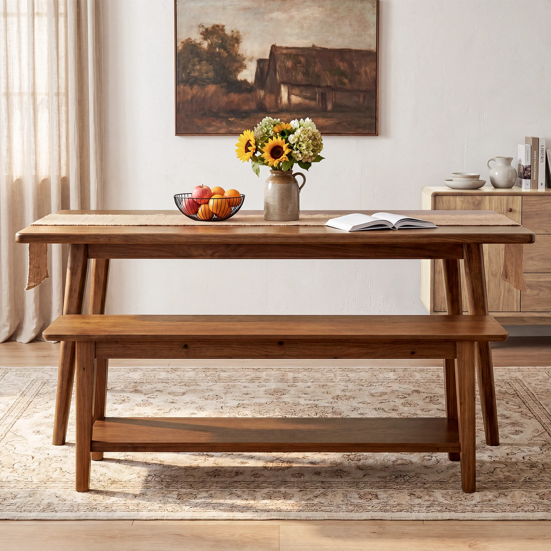 Tribesigns 55-Inch Farmhouse Bench with Storage Shelf, Wooden Dining Seating for Kitchen Dining Room and Patio - Image 6