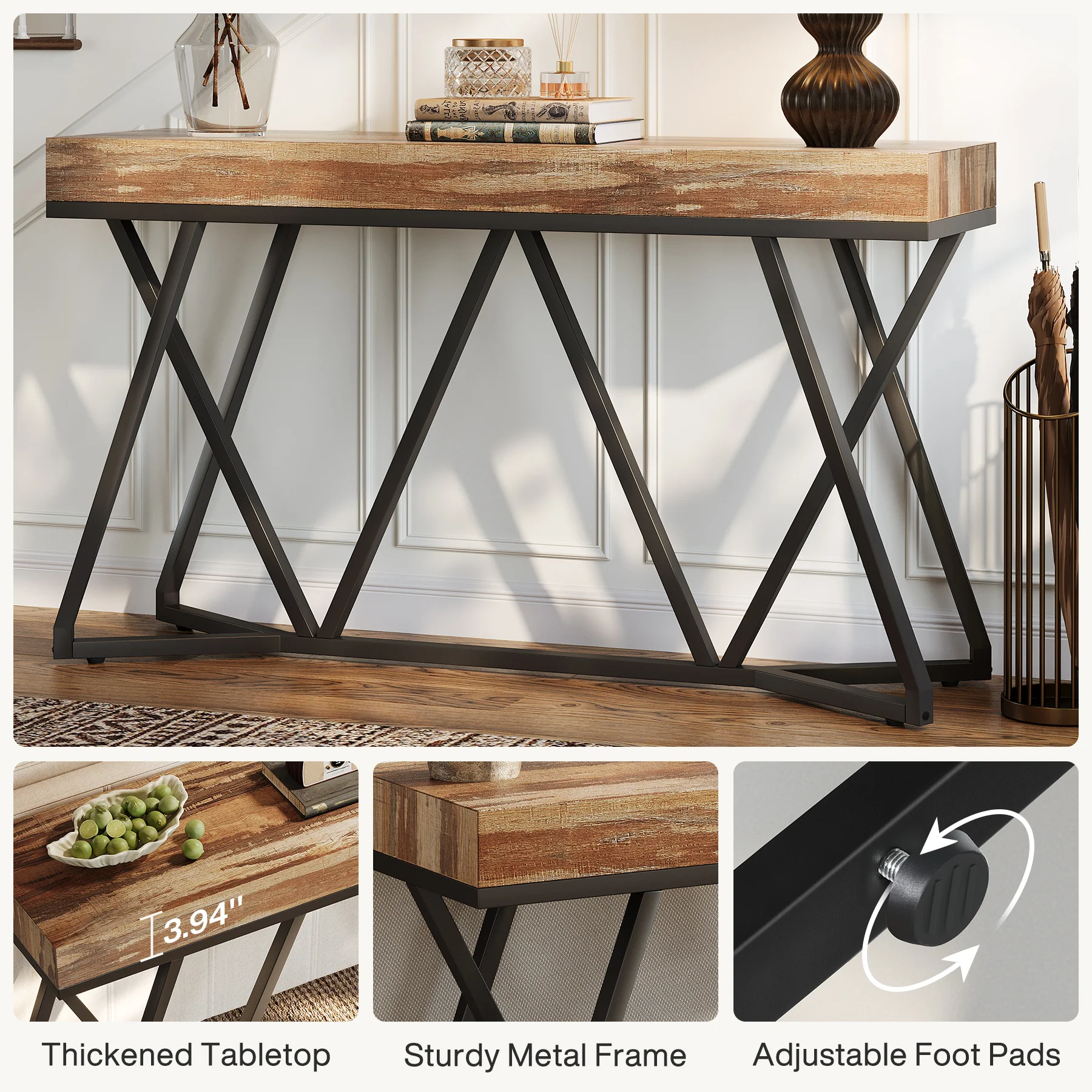 Farmhouse Console Table, 55" Sofa Table Wood Entryway Table - Image 9