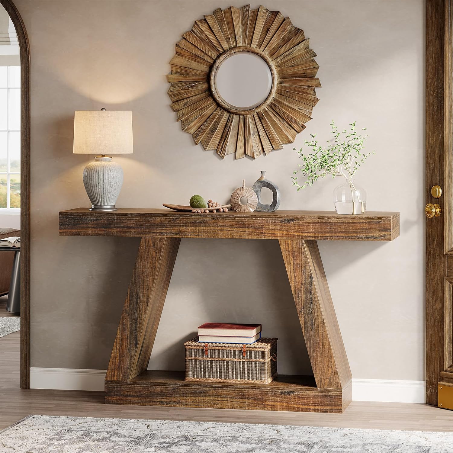 55-Inch Farmhouse Console Table, Rustic Wooden Sofa Table with Storage