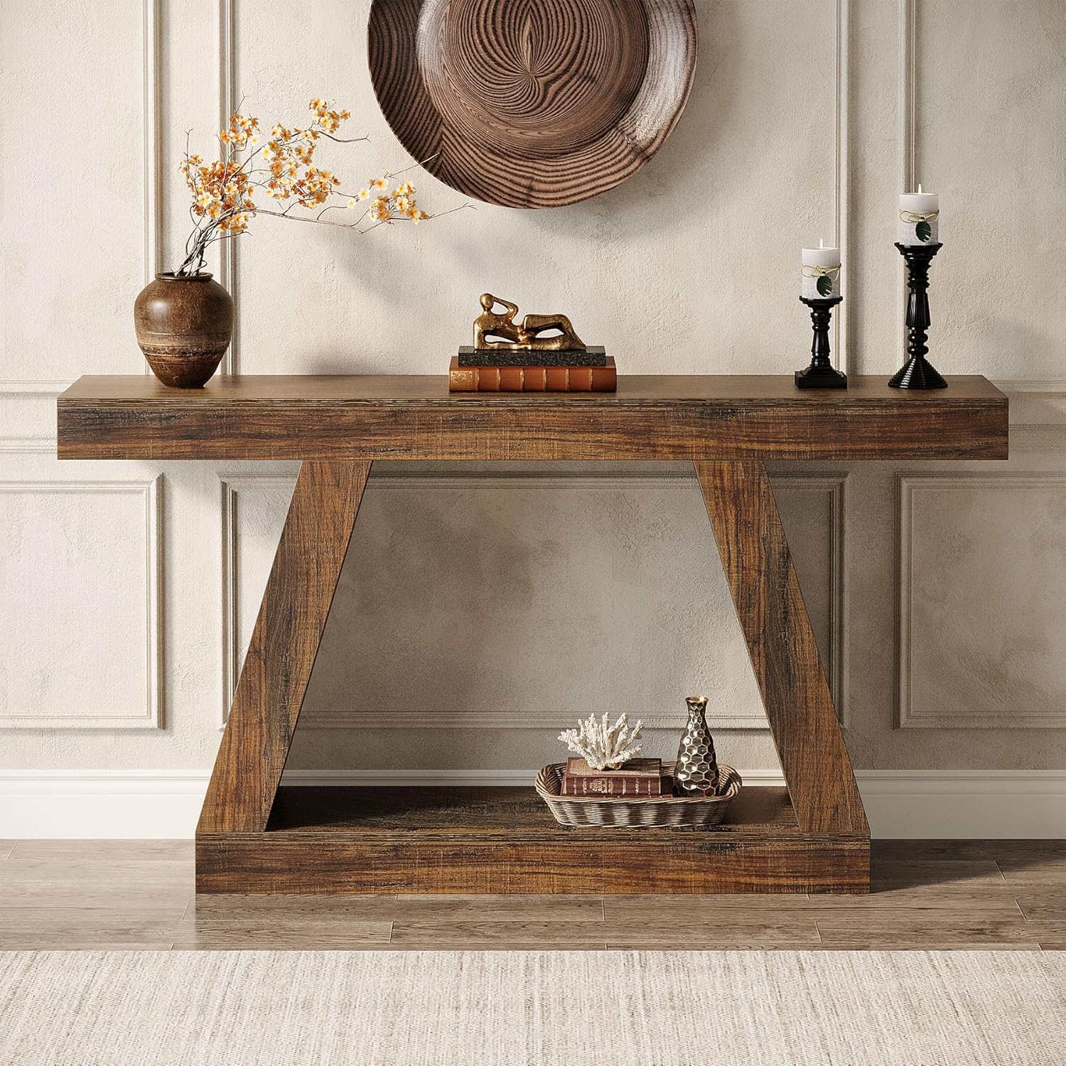 55-Inch Farmhouse Console Table, Rustic Wooden Sofa Table with Storage - Image 3