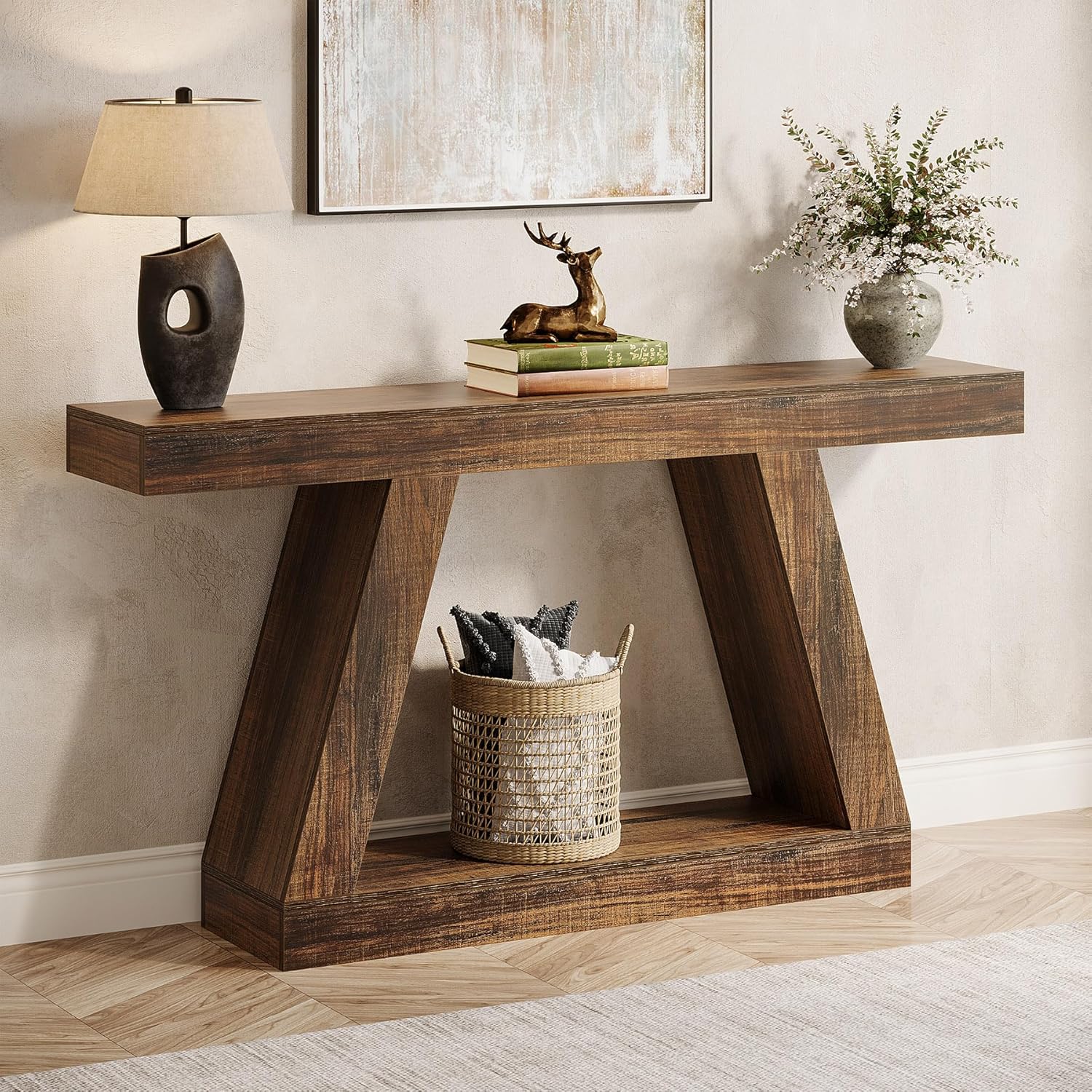 55-Inch Farmhouse Console Table, Rustic Wooden Sofa Table with Storage - Image 4