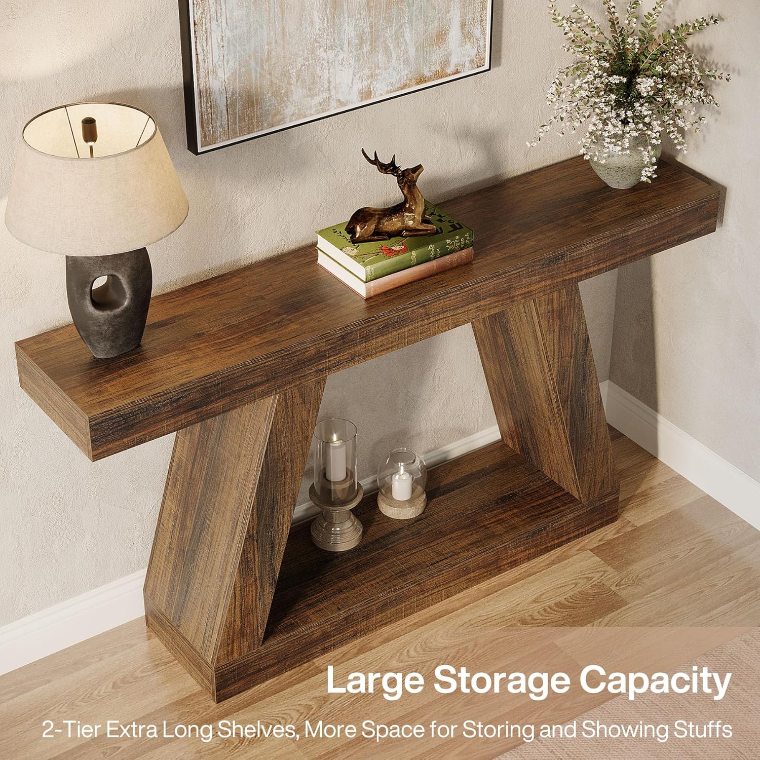 55-Inch Farmhouse Console Table, Rustic Wooden Sofa Table with Storage - Image 6