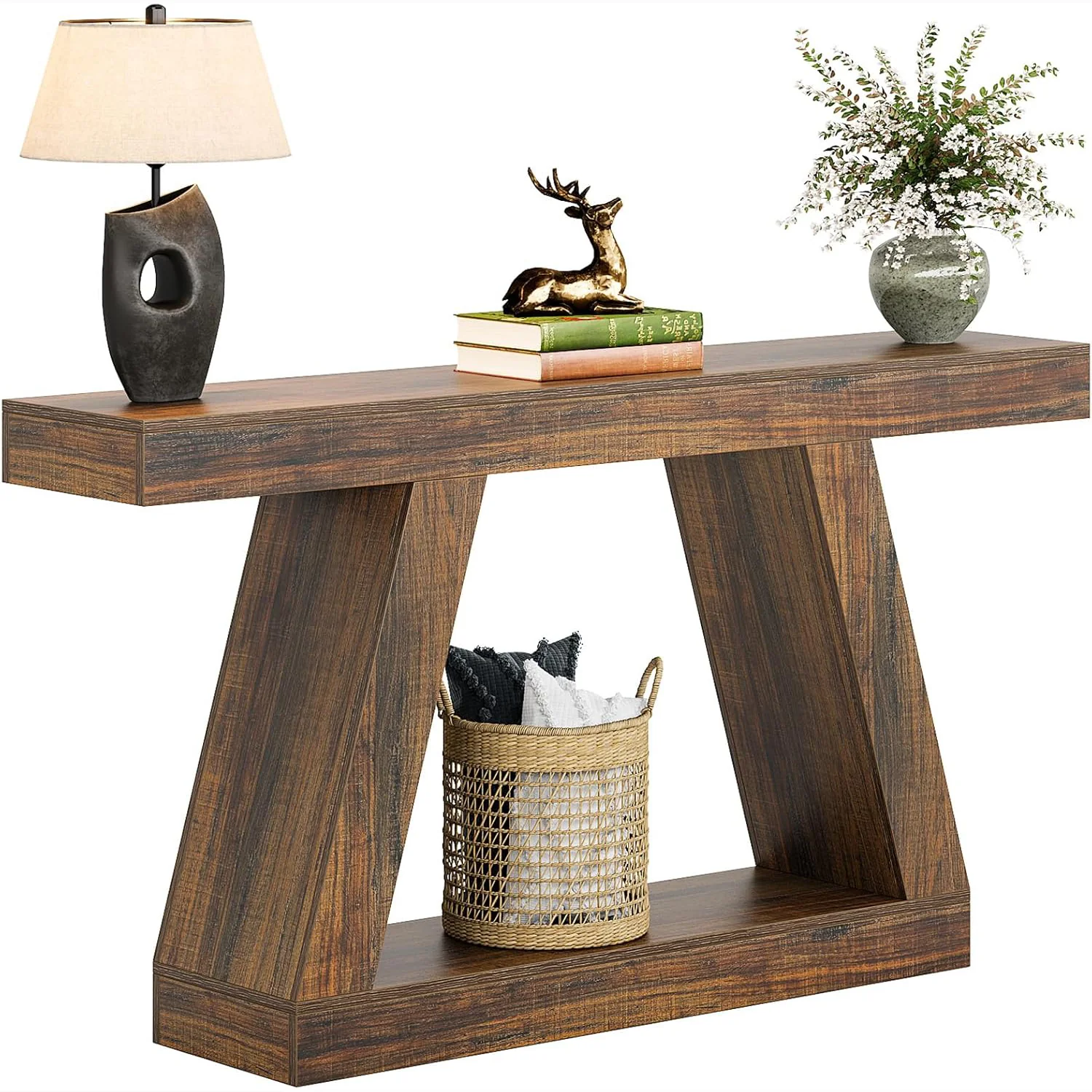 55-Inch Farmhouse Console Table, Rustic Wooden Sofa Table with Storage - Image 8
