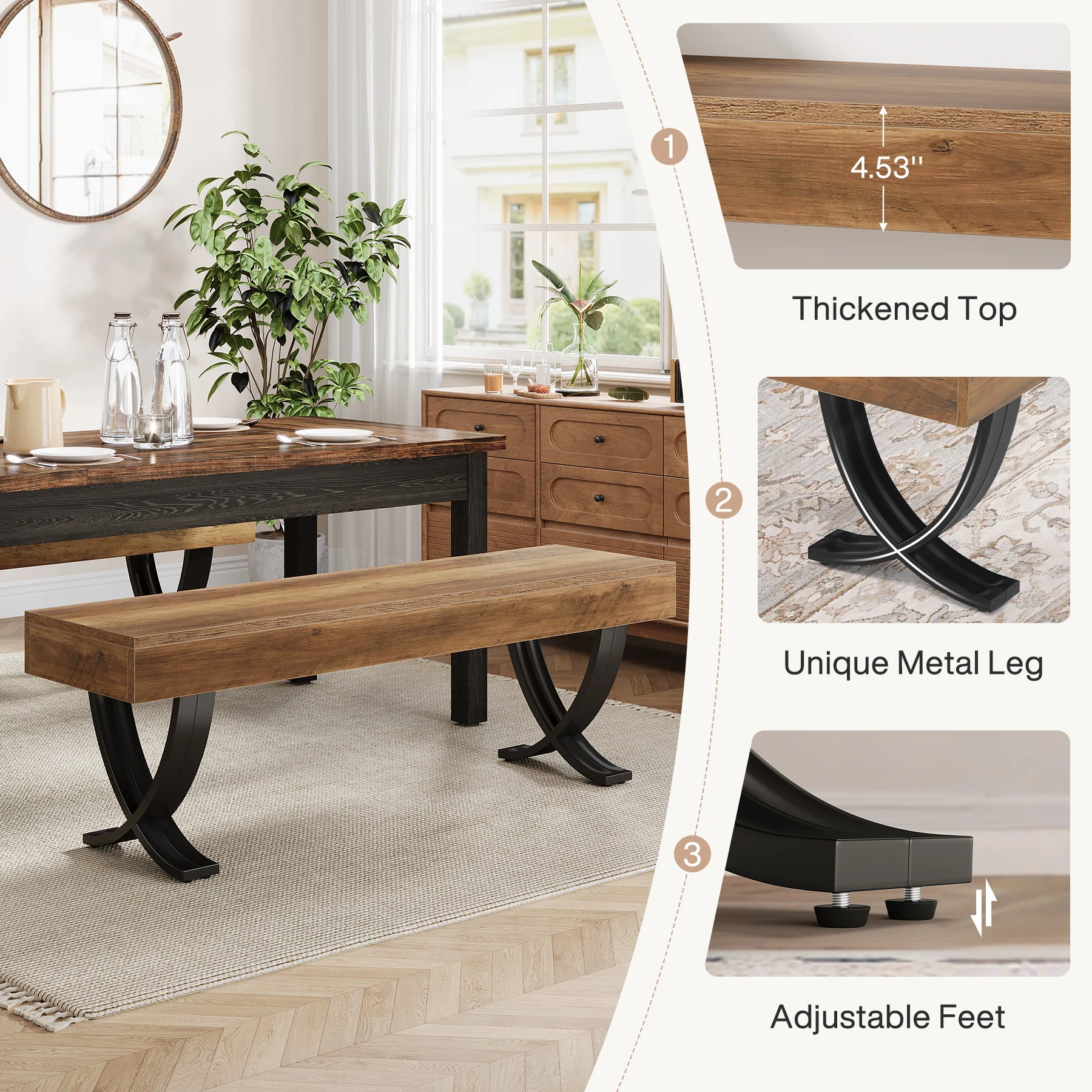 Tribesigns 55" Dining Bench, Farmhouse Bench with X-Legs for Dining Room - Image 4