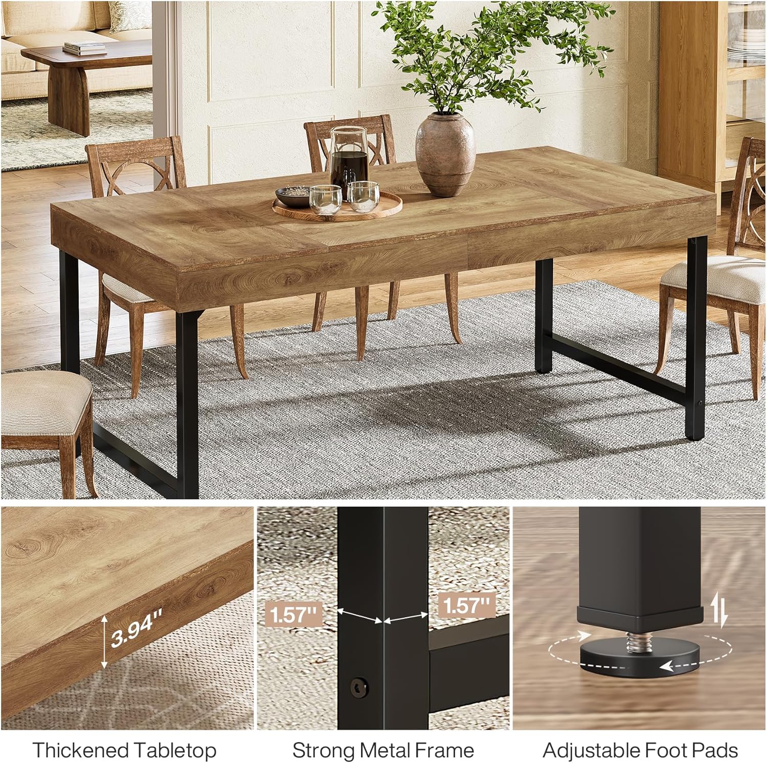 Tribesigns Industrial Farmhouse Dining Table, 55-Inch Rectangle with Heavy-Duty Metal Legs for 4-6 People - Image 8