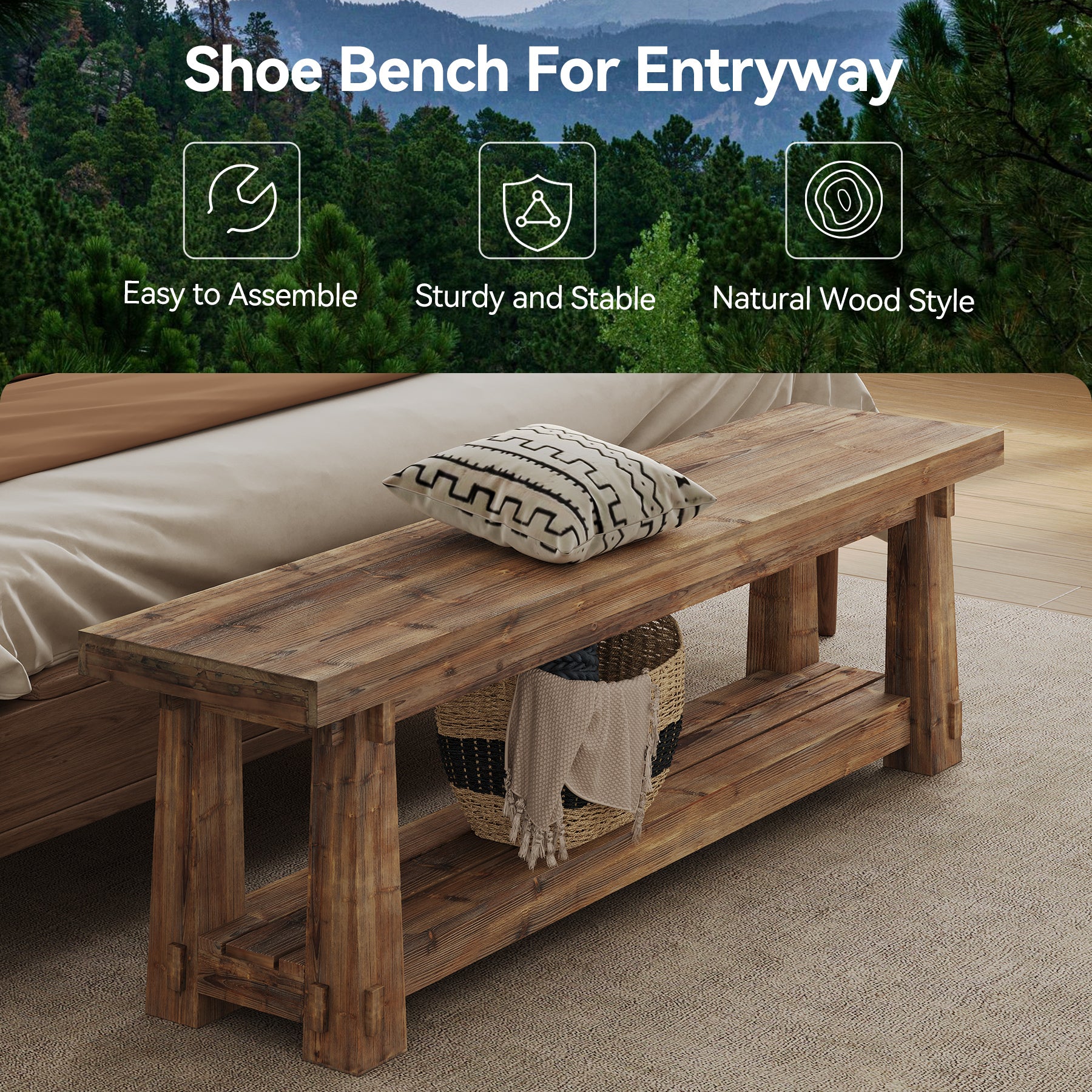 Tribesigns 55-Inch Shoe Storage Bench, Solid Wood Entryway Bench for Hallway - Image 3