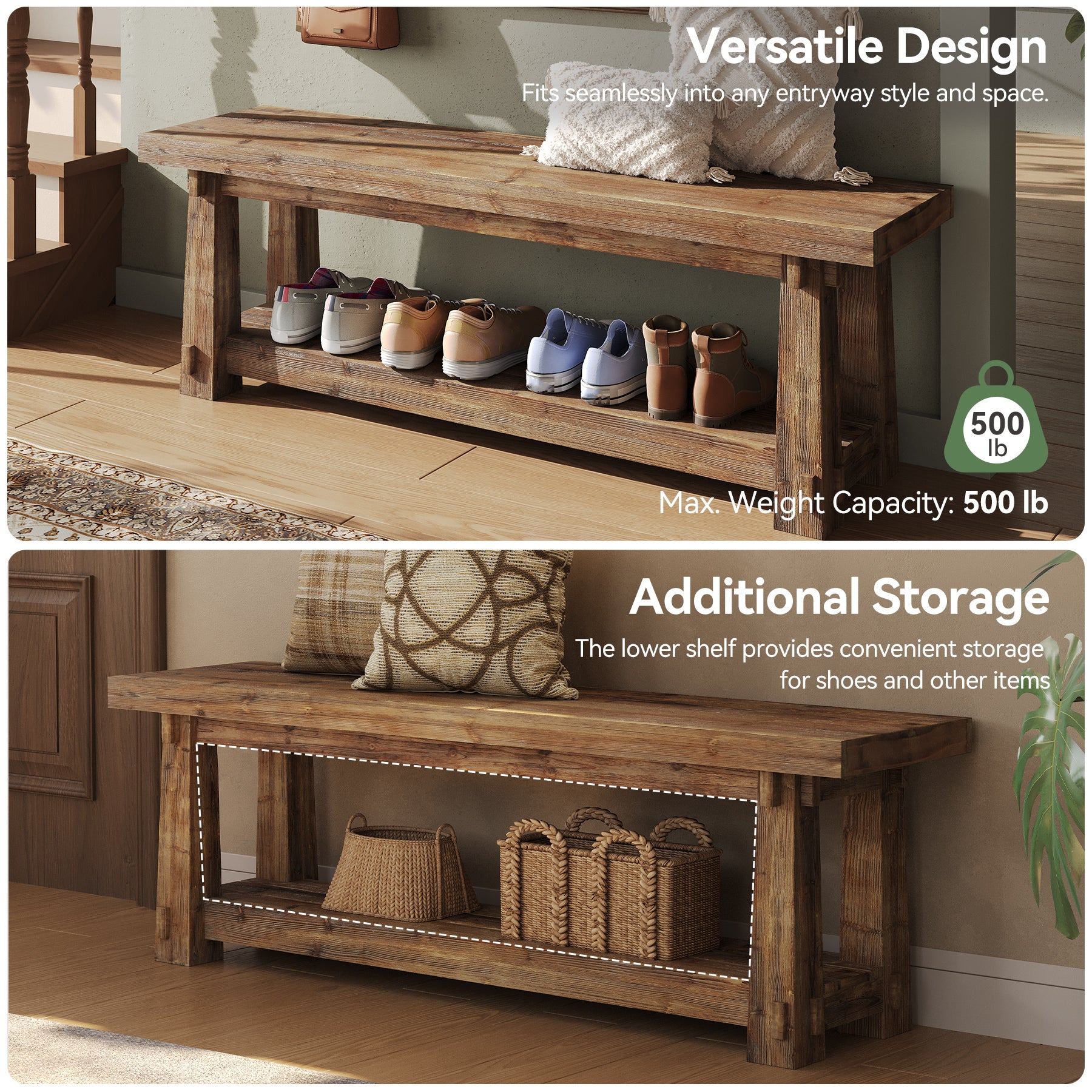 Tribesigns 55-Inch Shoe Storage Bench, Solid Wood Entryway Bench for Hallway - Image 5