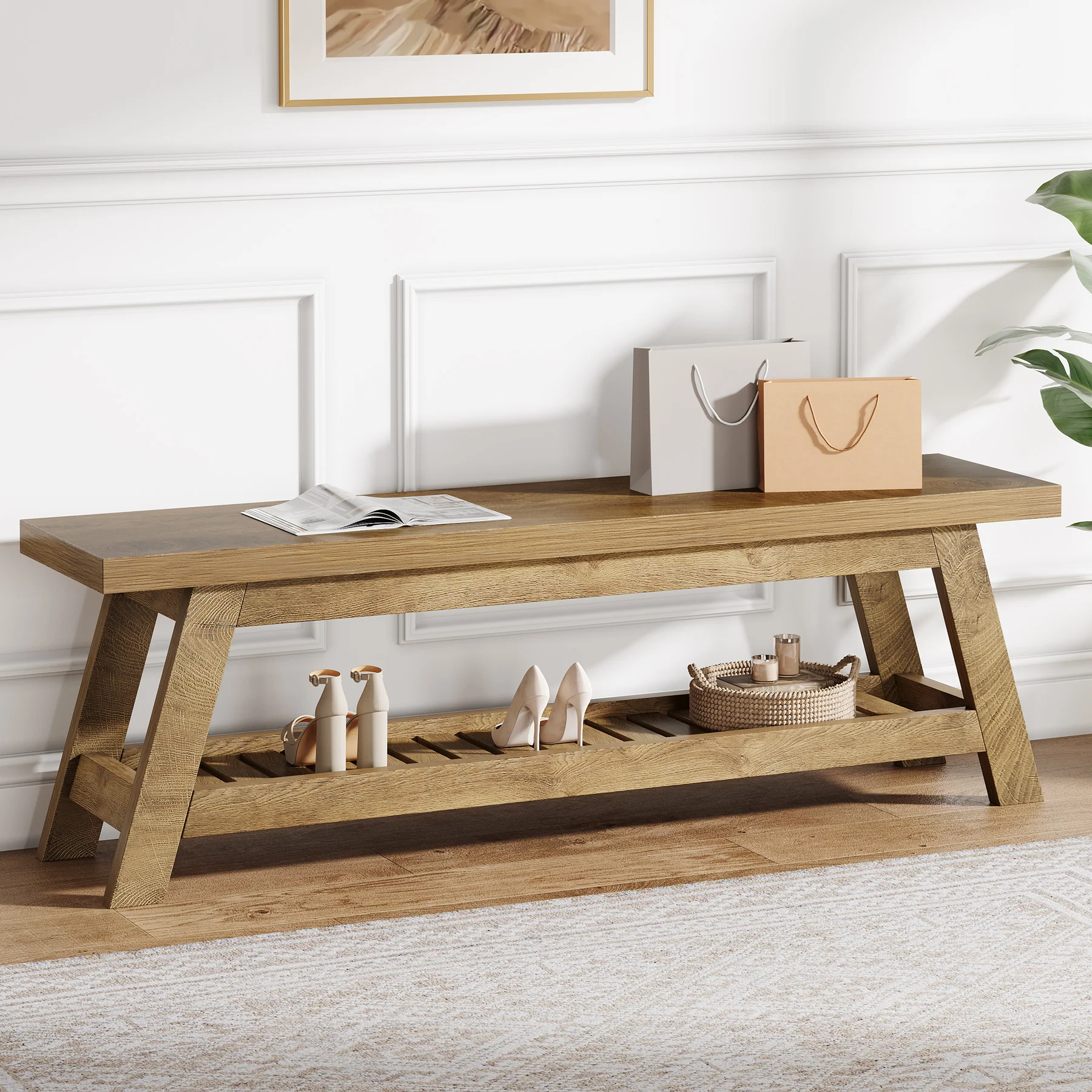 55-Inch Wood Entryway Bench with Shoe Storage, Two-Tier Narrow Hallway Seating Bench for Foyer and Bedroom - Image 10