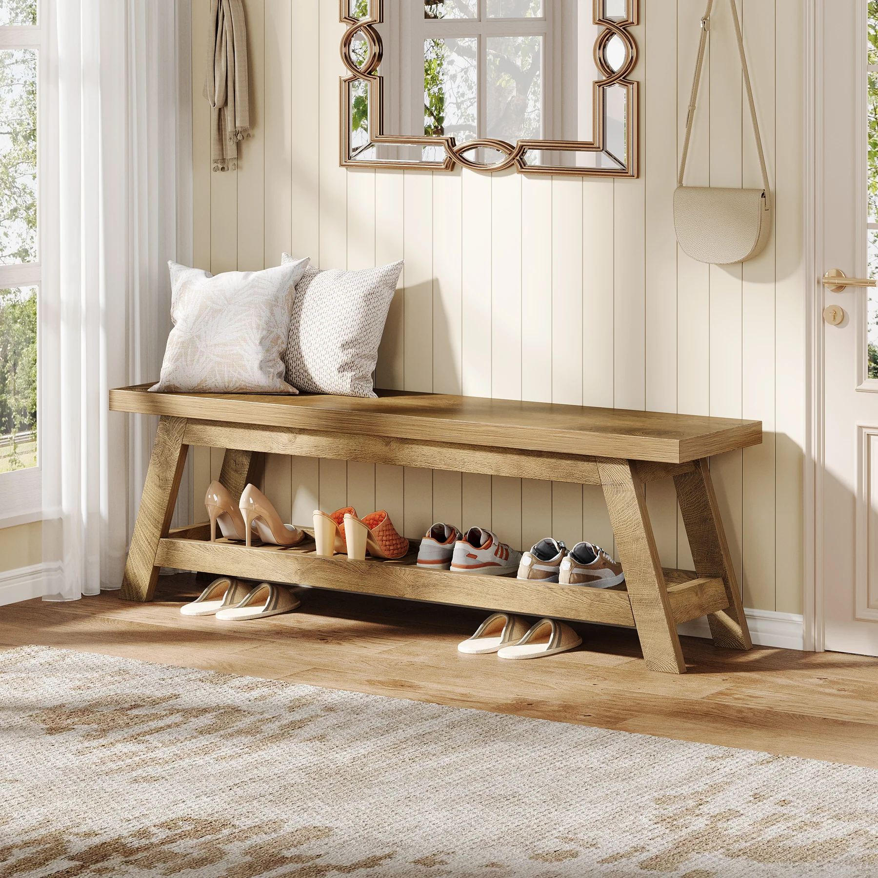 55-Inch Wood Entryway Bench with Shoe Storage, Two-Tier Narrow Hallway Seating Bench for Foyer and Bedroom - Image 3