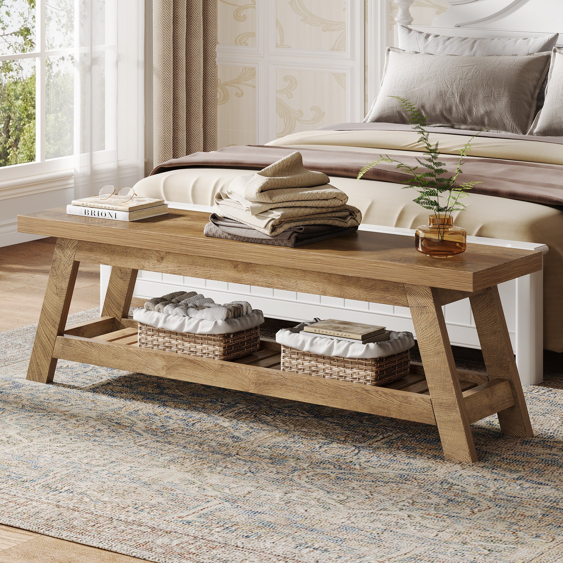 55-Inch Wood Entryway Bench with Shoe Storage, Two-Tier Narrow Hallway Seating Bench for Foyer and Bedroom - Image 4