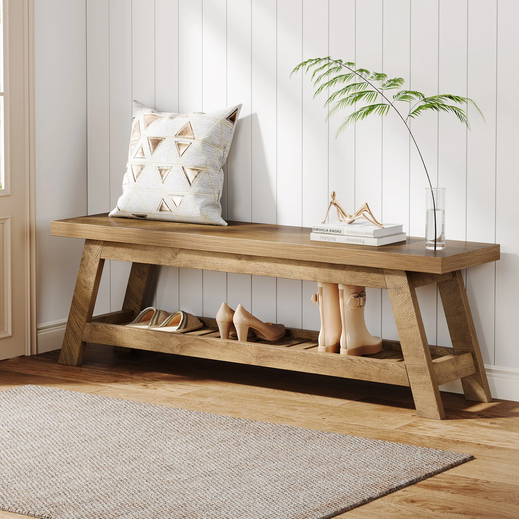 55-Inch Wood Entryway Bench with Shoe Storage, Two-Tier Narrow Hallway Seating Bench for Foyer and Bedroom - Image 5
