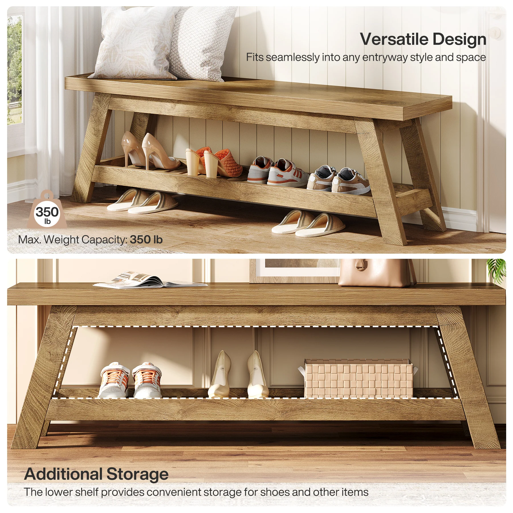 55-Inch Wood Entryway Bench with Shoe Storage, Two-Tier Narrow Hallway Seating Bench for Foyer and Bedroom - Image 7